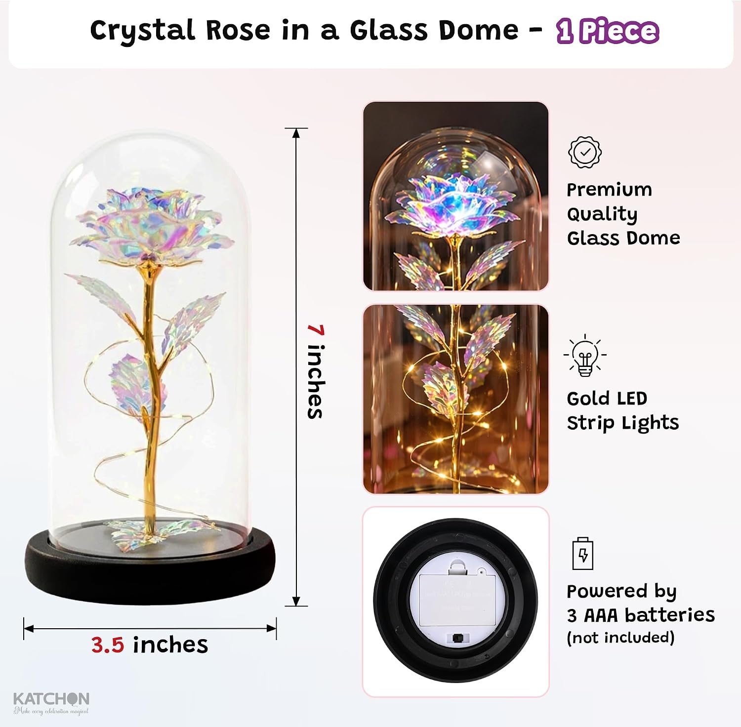 Galaxy Glass Rose in Glass Dome – Light Up Crystal Rose Forever Flower |Birthday