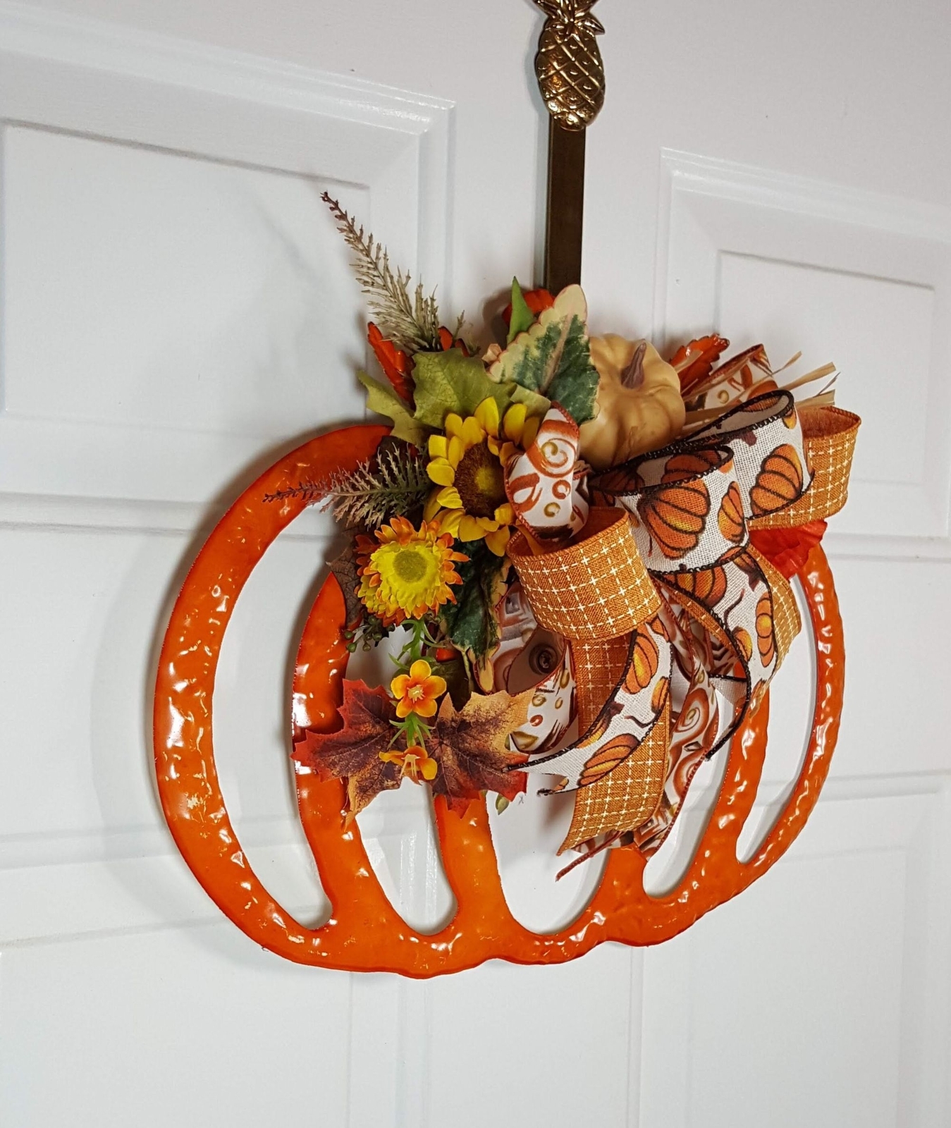 Orange Enamel Fall Pumpkin Wreath, Fall Halloween Decor, Sunflowers & Leaves