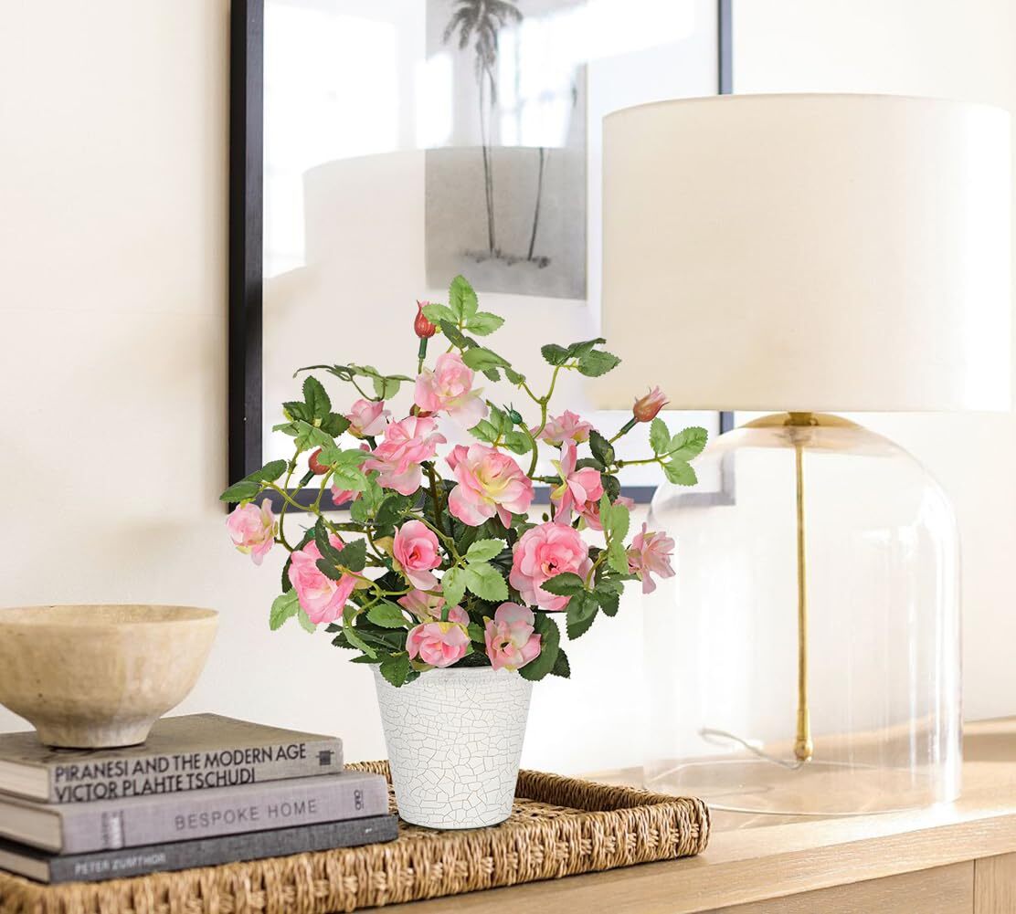 Artificial Plants & Flowers in Vase Pink Roses Small Faux Flower Plant Arrang…