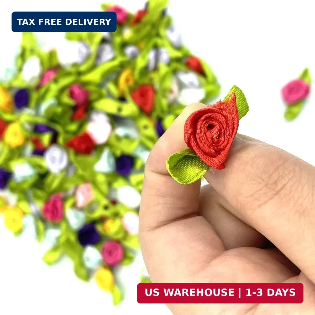 Mini Ribbon Roses, 100Pcs Artificial Fabric Flowers with Green Leaves Mixed Colo