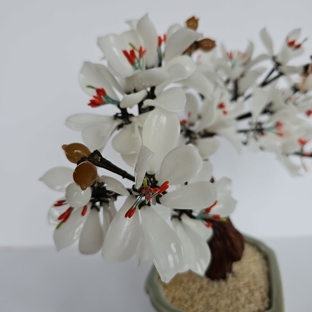14″ Vintage Bonsai Tree Glass White Flower Blossom in Celadon Pot Handmade 1697