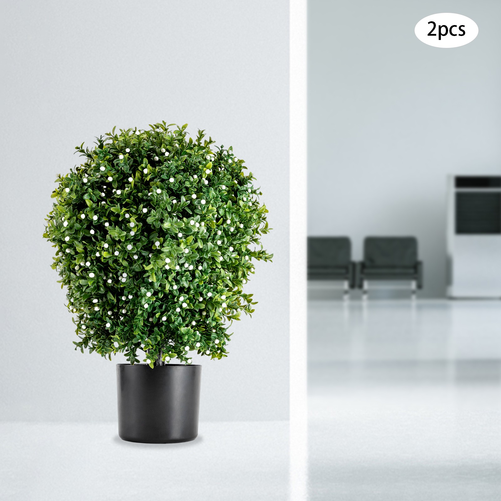 20″ Tall Artificial Boxwood Topiary Ball Tree with White Flowers for Front Porch