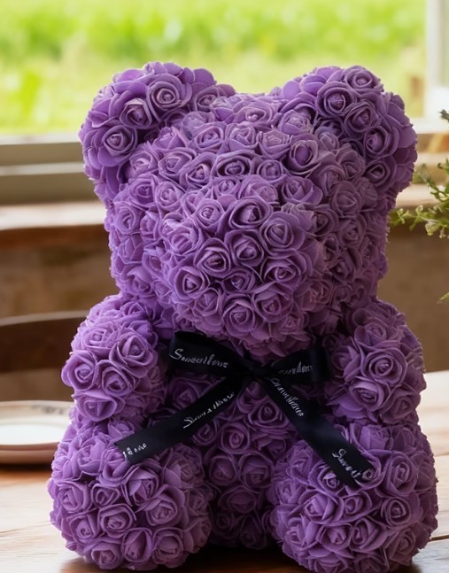 Purple Rose Teddy Bear Made of Artificial Flower Romantic Gift for Valentine day