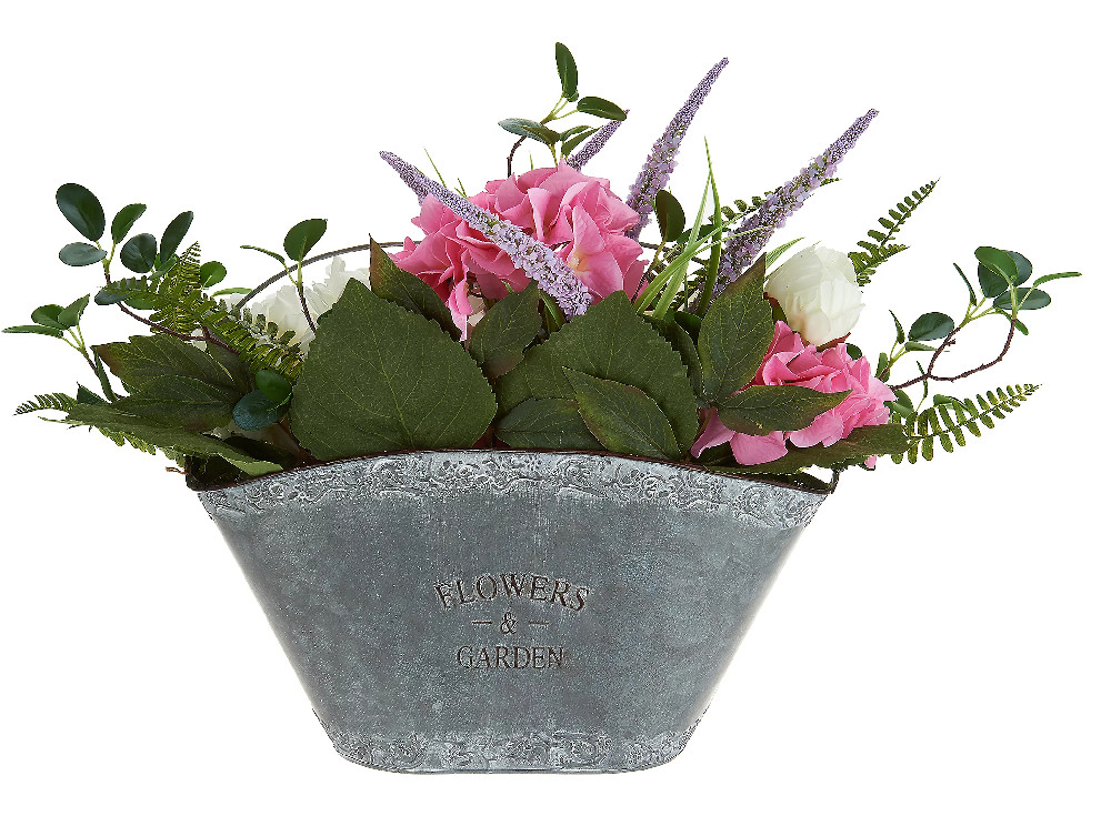 18″H x 23″L x 10″W Peony, Hydrangea, and Lavender Arrangement in metal pail NEW