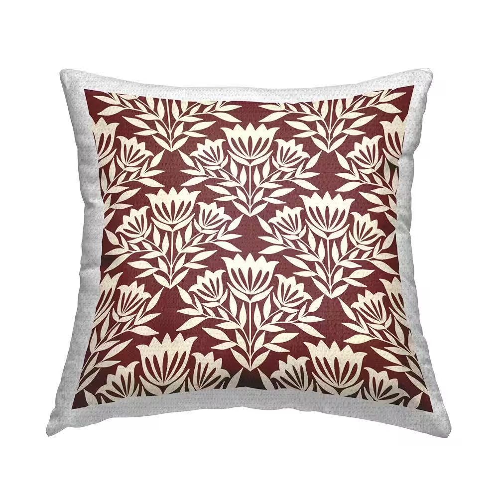 Traditional Maroon Flower Arrangement Cream Pattern Red Square Outdoor Throw Pil