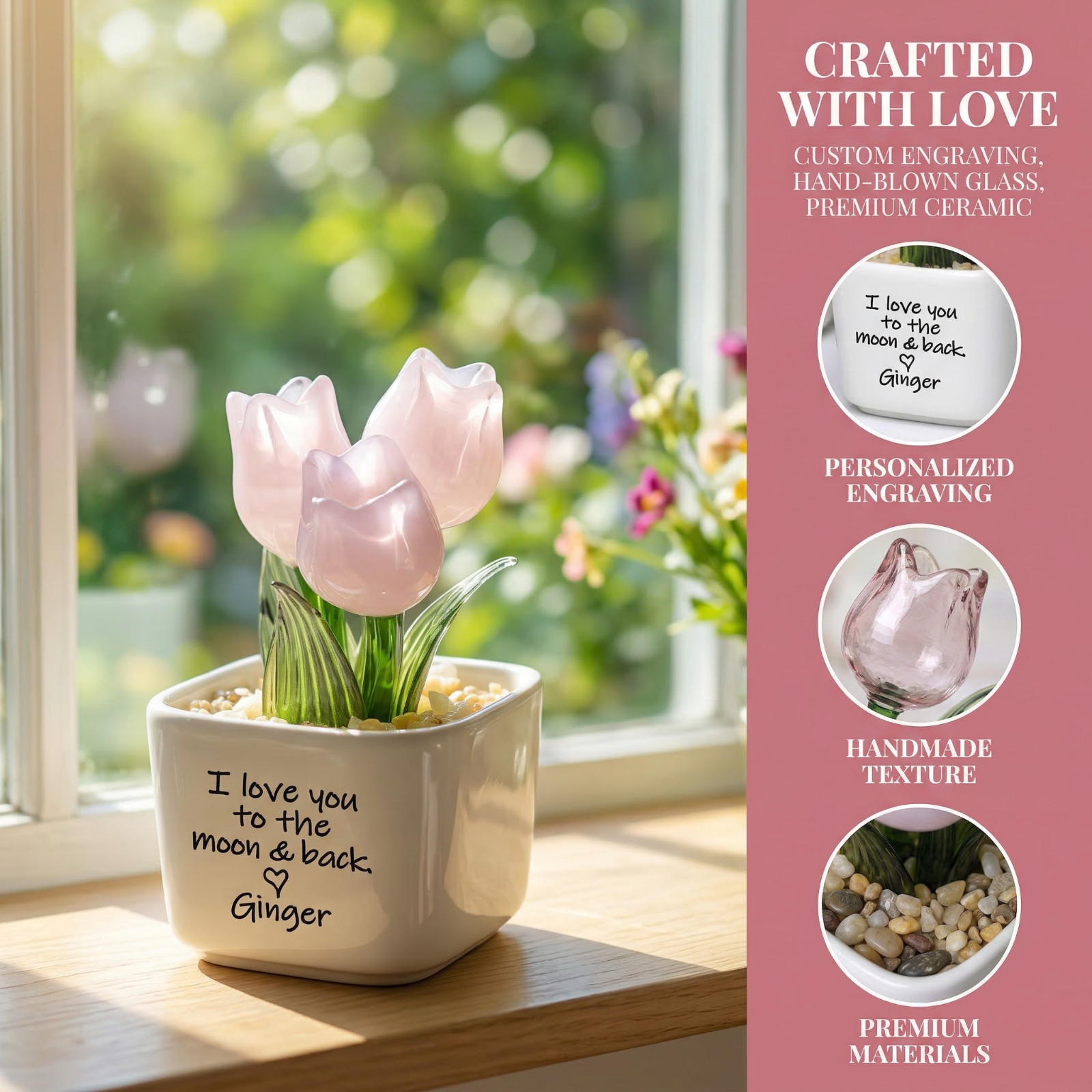 Custom Glass Tulip Flower Pot Personalized Gift for Mom Birthday Decor