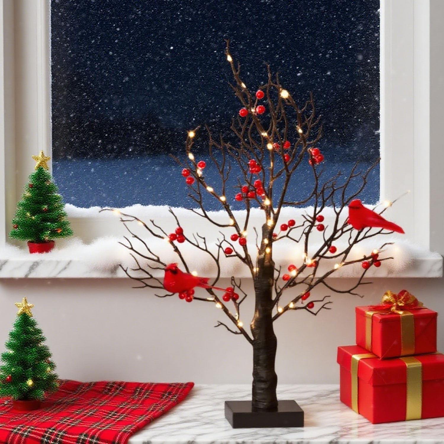 Cardinal Red Berries Tree Table Decoration Light for Tabletop Centerpiece Chr…