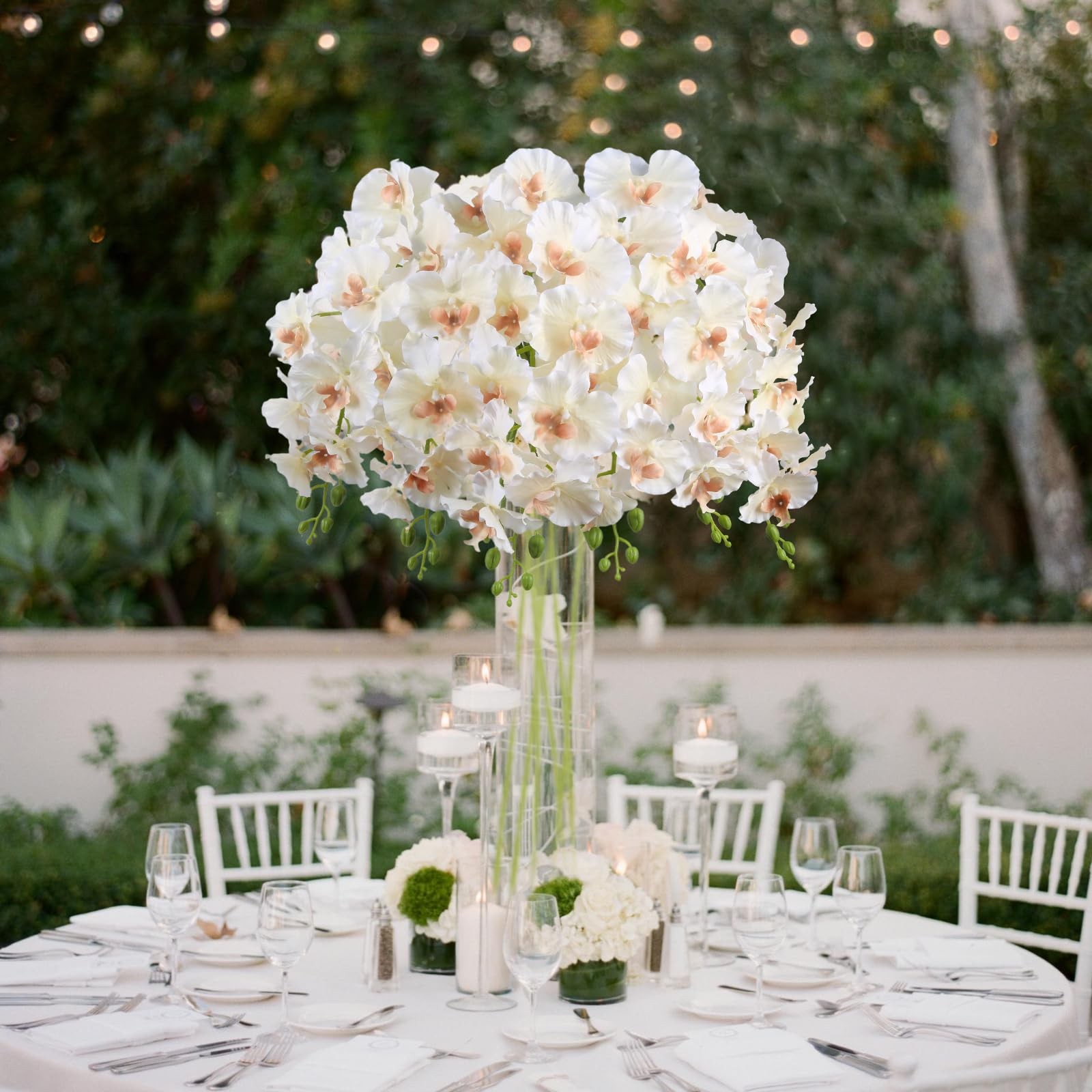 6PCS Champagne Orchids Artificial Flowers 36″ Artificial Silk Phalaenopsis Fl…