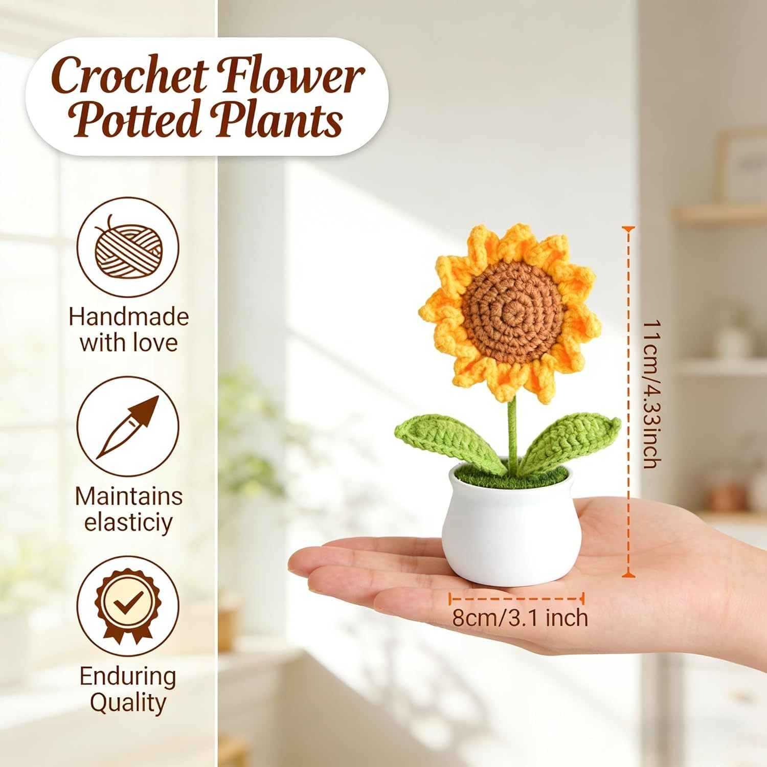 Handmade Crochet Sunflower Flower Potted Plants, Artificial Knitted Floral Decor