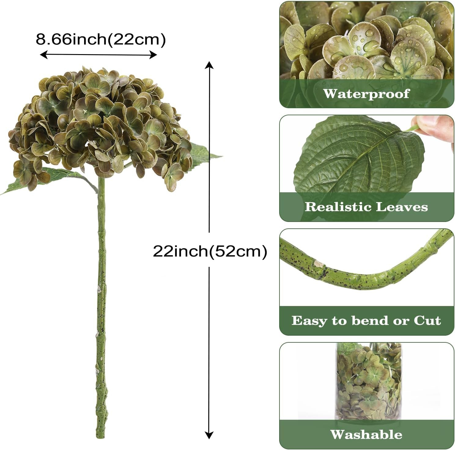 Lifelike Olive Green Hydrangea Faux Flowers – 4 Pcs, 22 Inch Stems