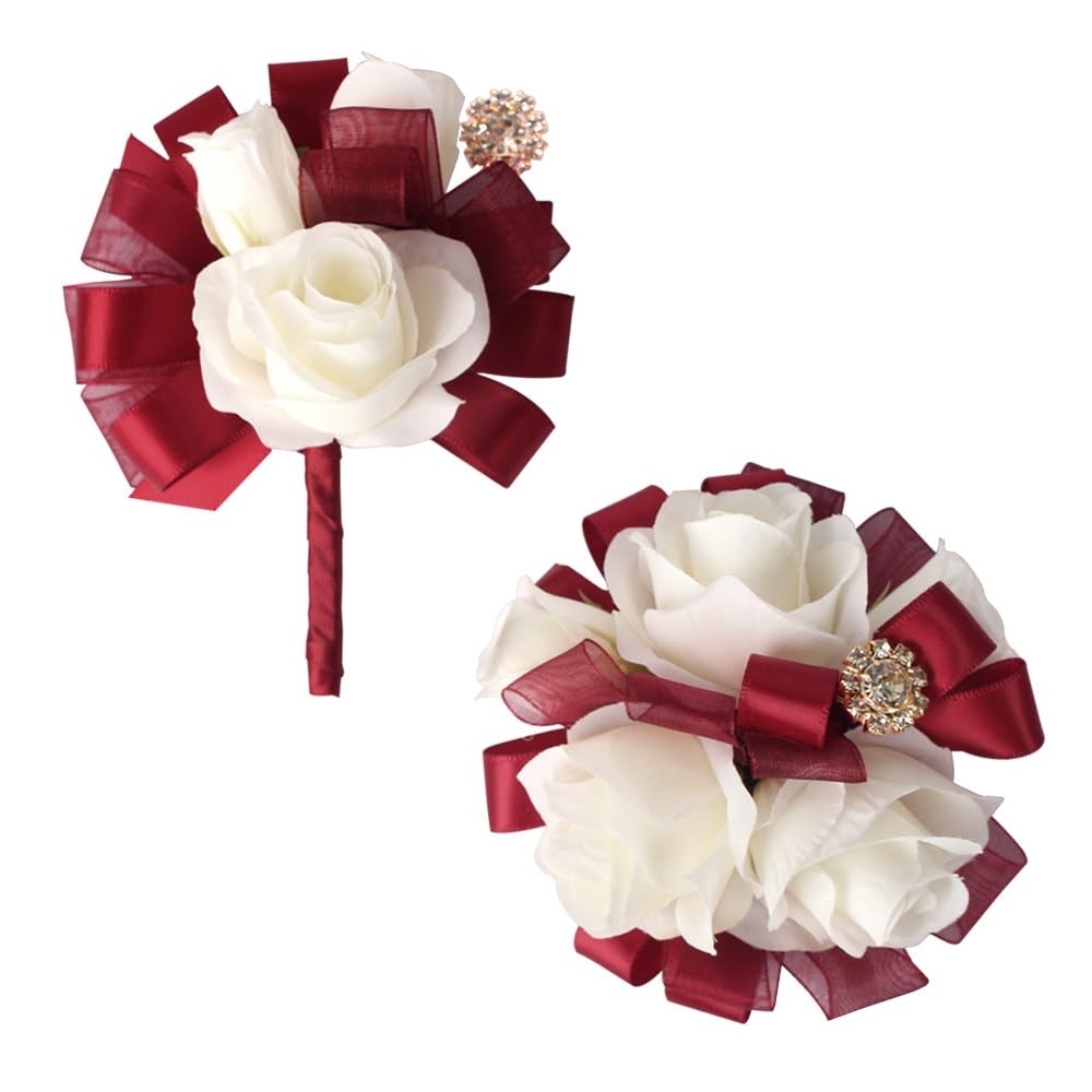 Prom Corsage Boutonniere Set Ivory Rose Wristlet Wedding Homecoming Red Ivory