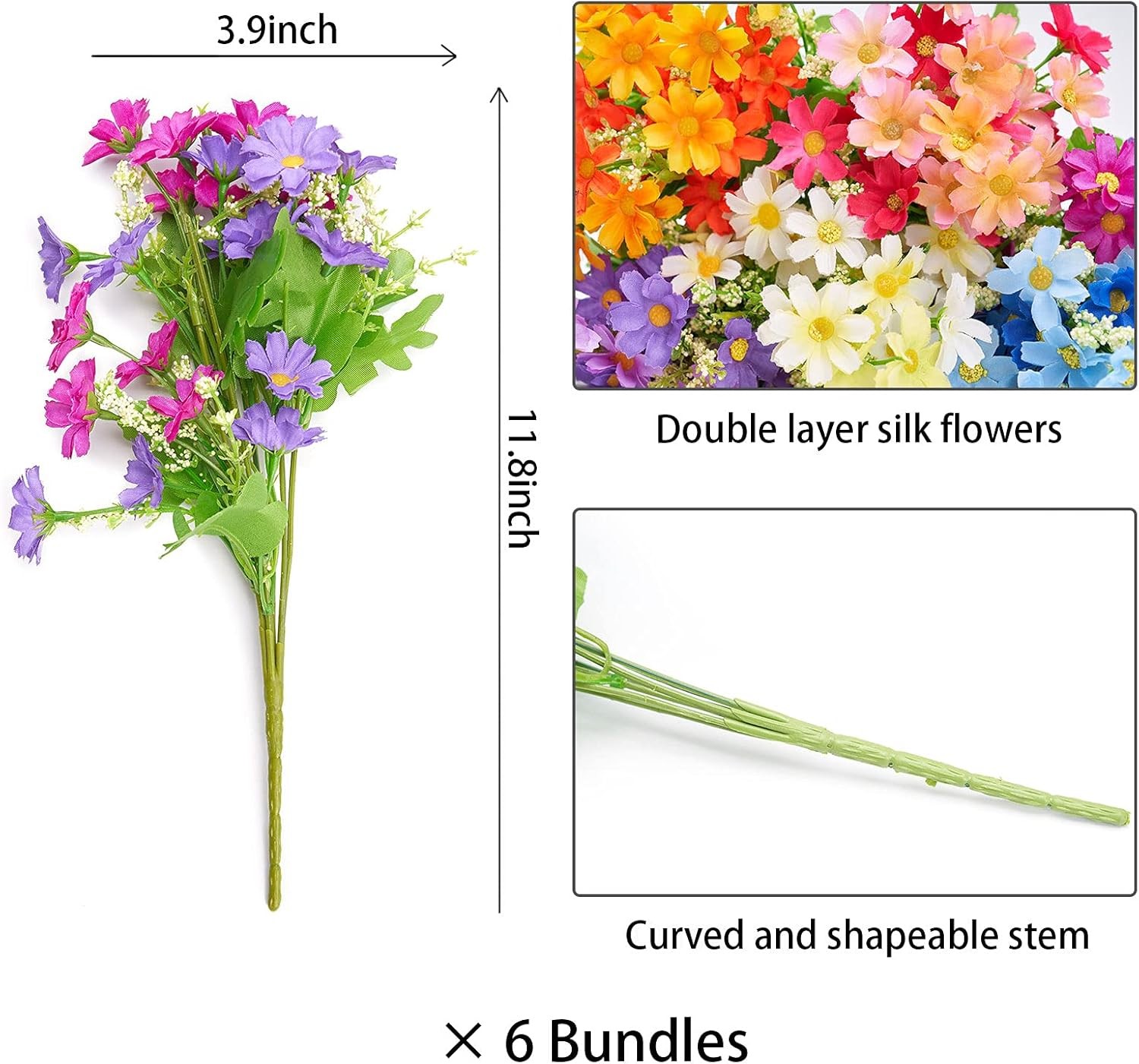 6PCS UV-Resistant Artificial Flowers Faux Silk Bouquet for Indoor & Outdoor Deco