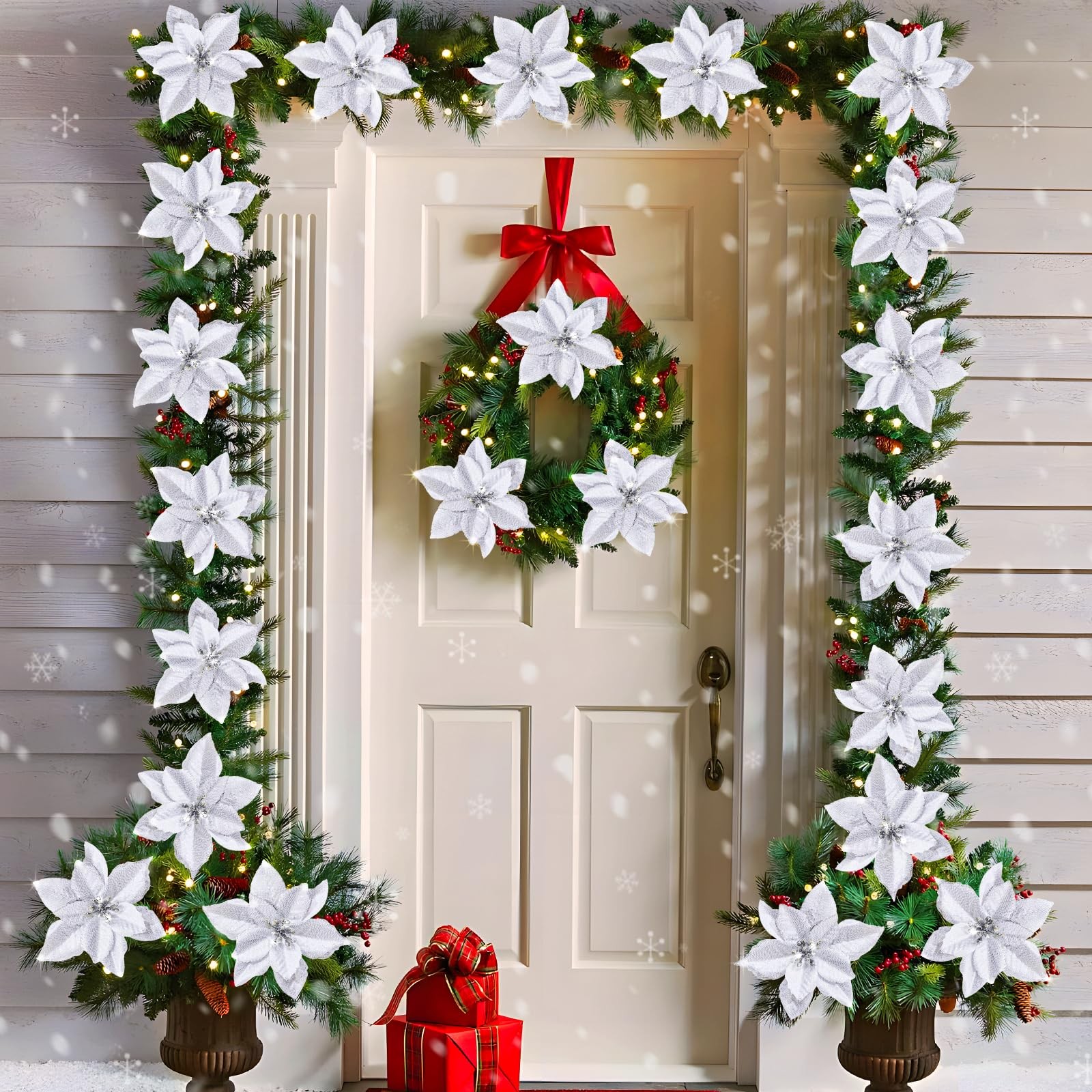 12Pcs Poinsettia Flower Artificial Poinsettia with Stem Christmas Decor Glitt…