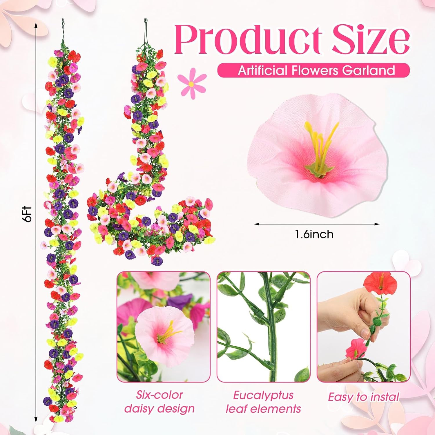 36 Ft Faux Petunia & Eucalyptus Garland – 6 Pcs Colorful Hanging Vines