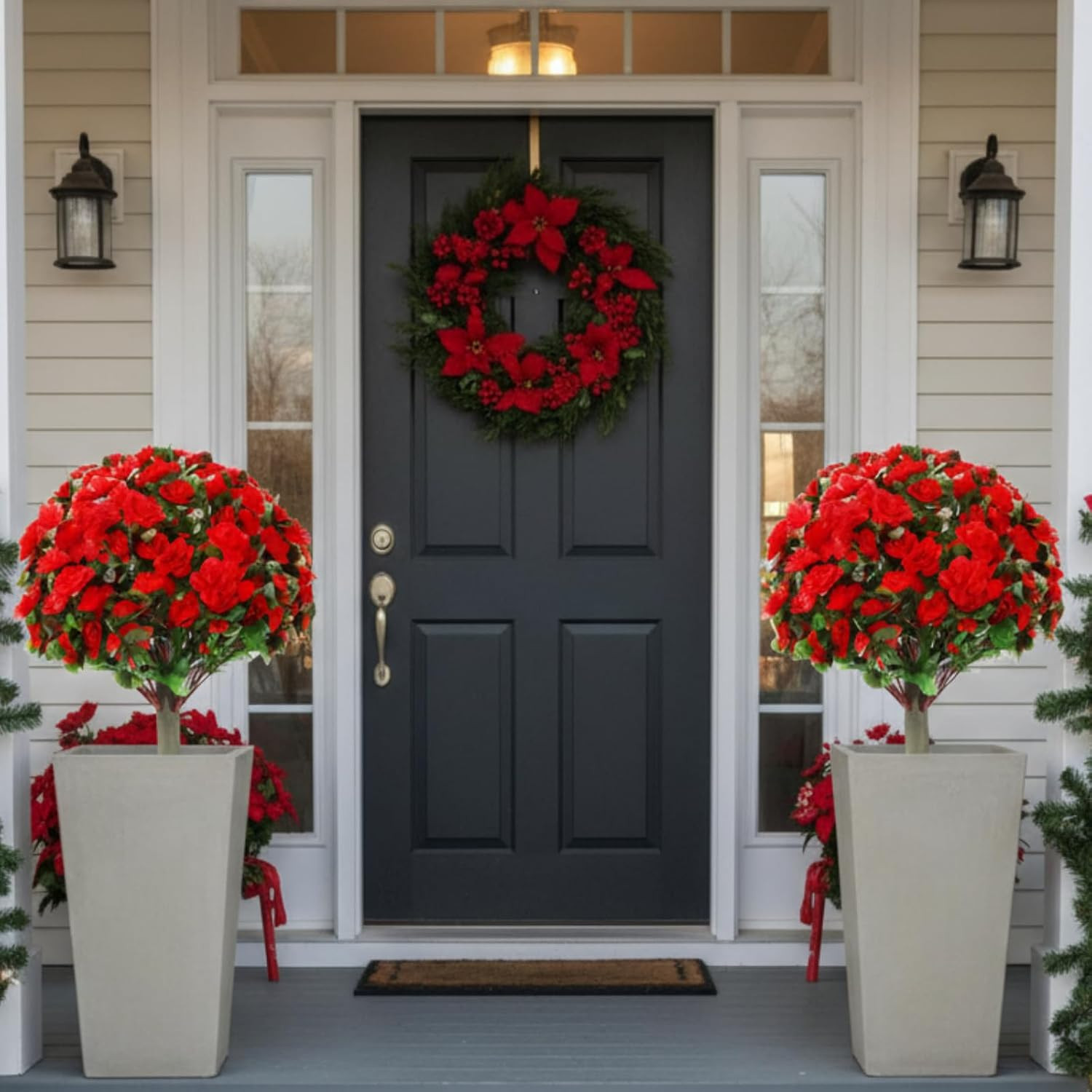 24″ Set of 2 Faux Poinsettia Topiary Trees for Indoor/Outdoor Xmas Decor
