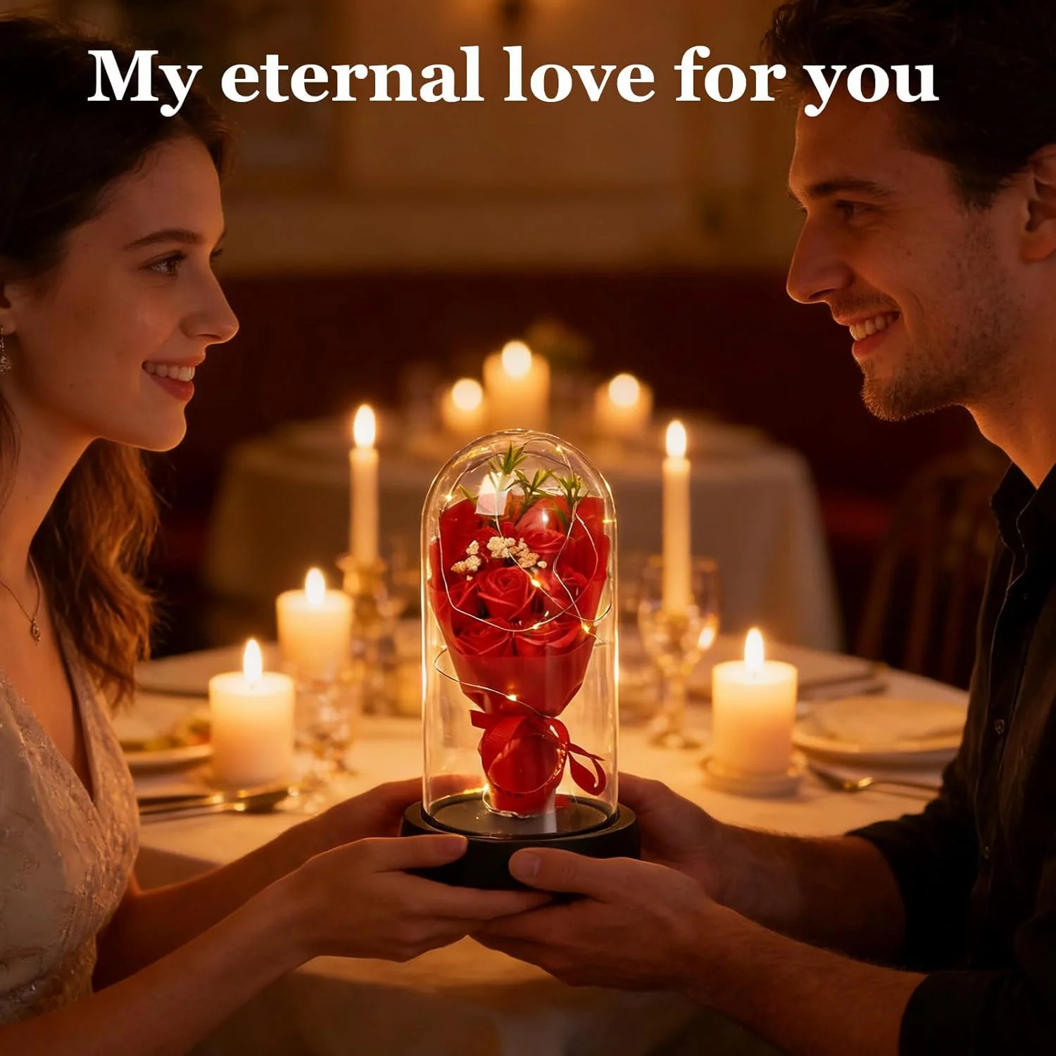 Preserved Flowers in Glass for Her,Pink Real Rose Bouquet with LED Light,Eternal