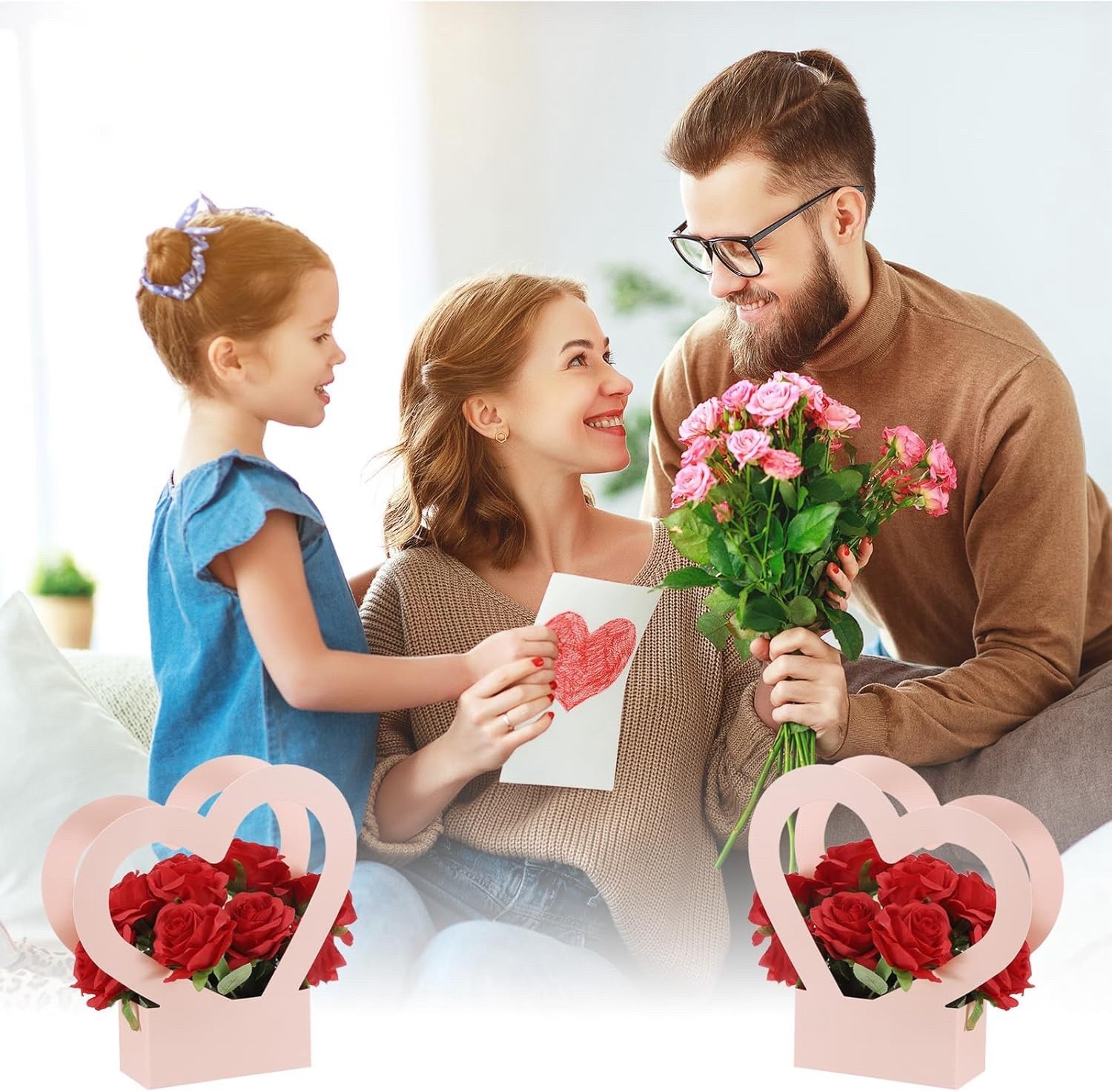 12 Pink Heart Shaped Flower Boxes, Bouquet Gift Bag + Handle Centerpiece Decor