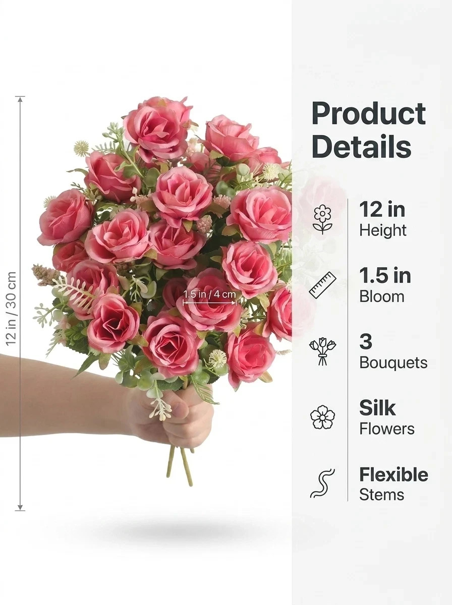 Artificial Rose Bouquet Set of 3 Pink Silk Flowers Wedding Home Decor 12in