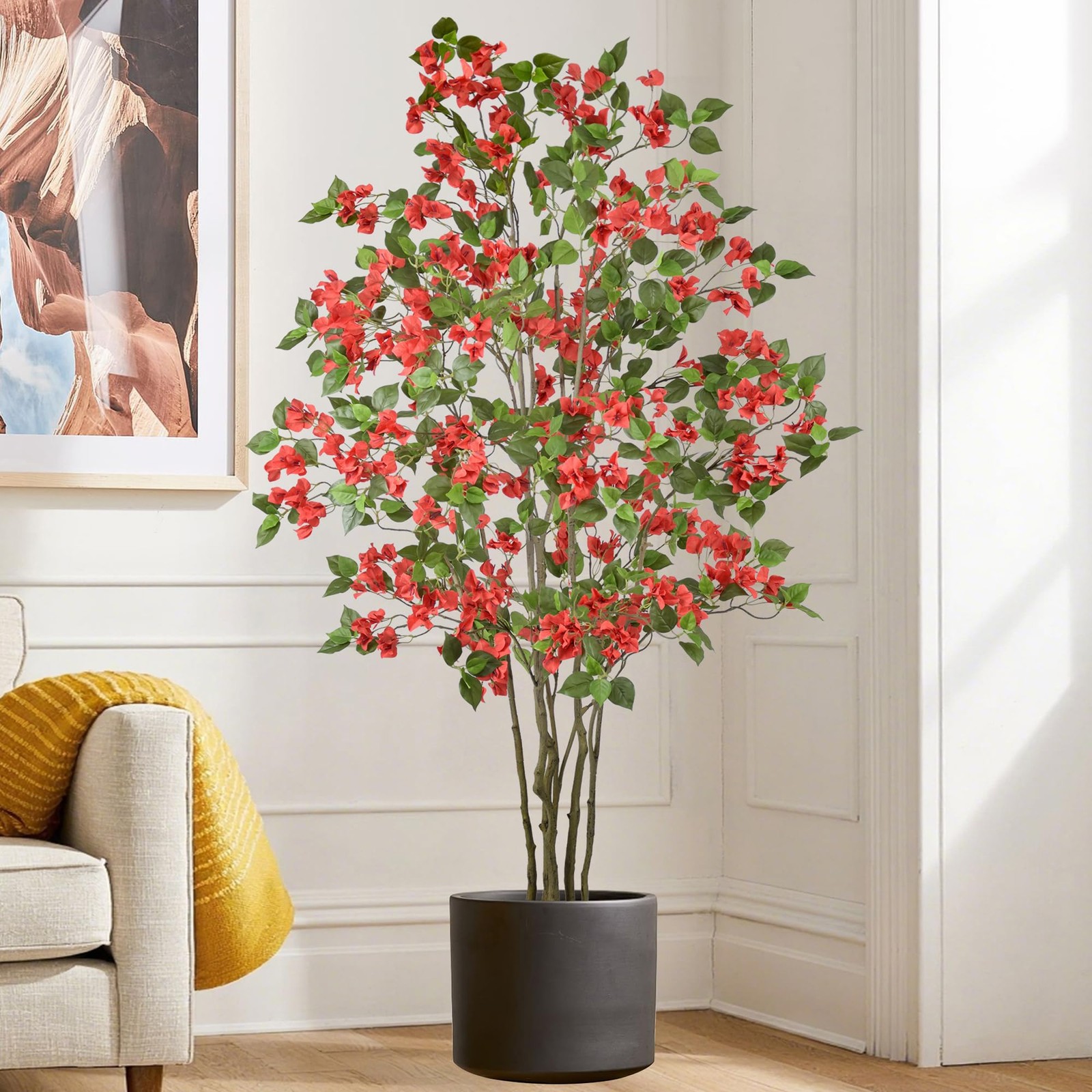 Artificial Red Bougainvillea Tree 6FT with 270 Flowers & White Planter Realis…