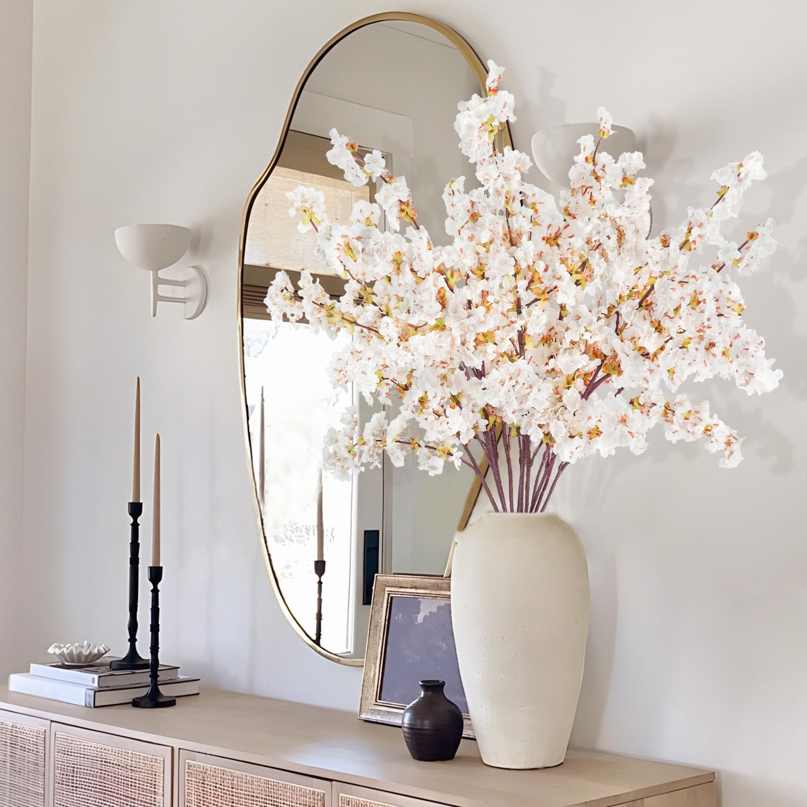 12 Pcs 40″ Faux Silk Cherry Blossom Stems – Real Touch Peach Flowers for Wedding