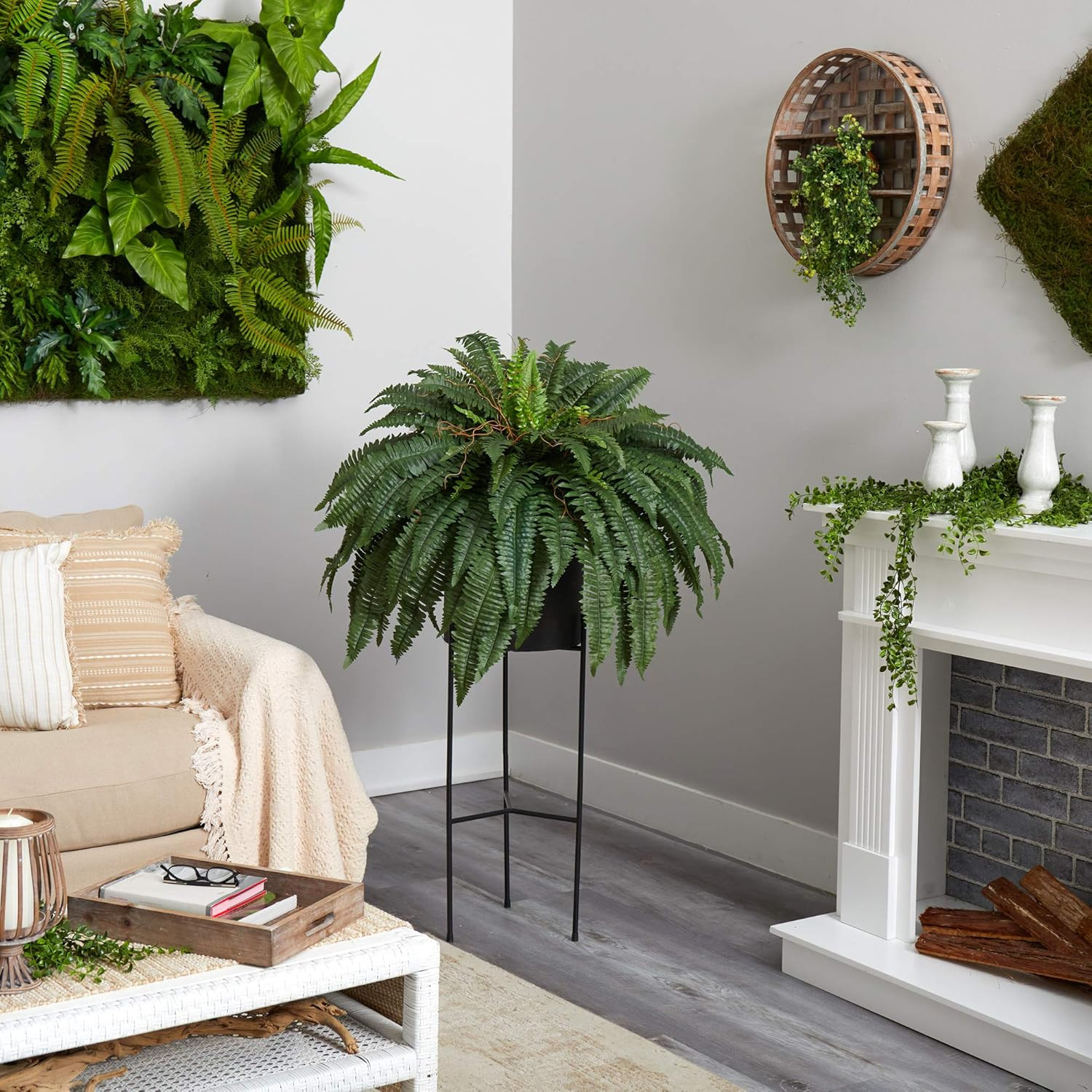 51″ Boston Fern Artificial Plant in Stylish Black Planter with Stand