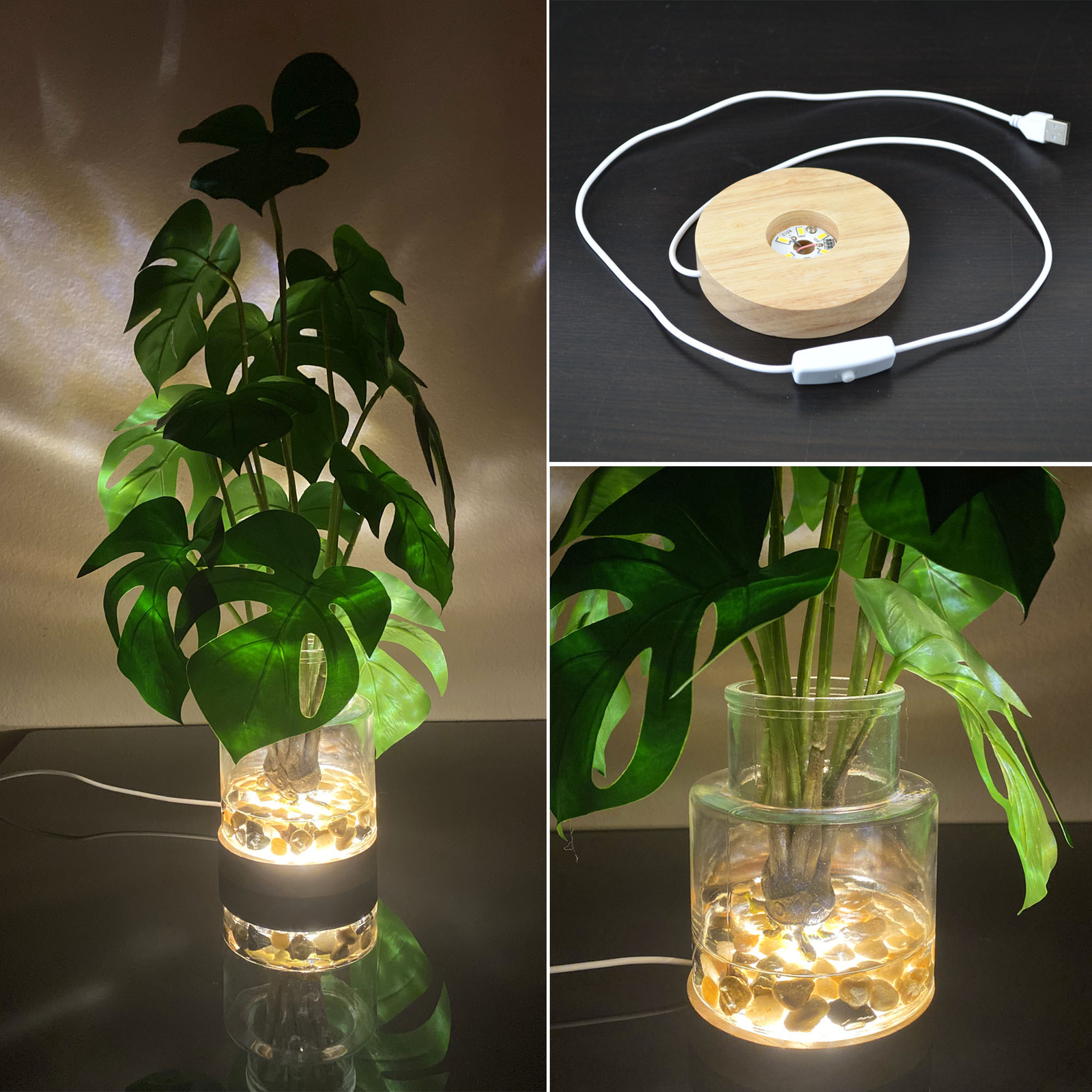 Real Touch 17.5 inch Artificial Plant Monstera Leaves in Glass Vase and LED Base