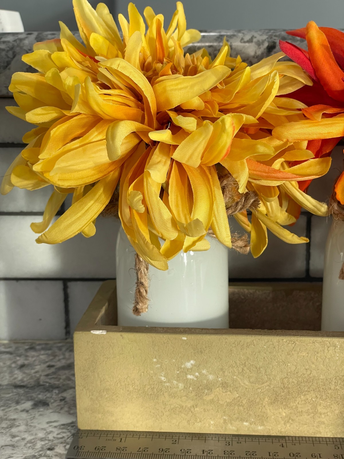 Fall Farmhouse Center Piece, Artificial Flowers, White Glass, Wood Box, 7″ x 12″