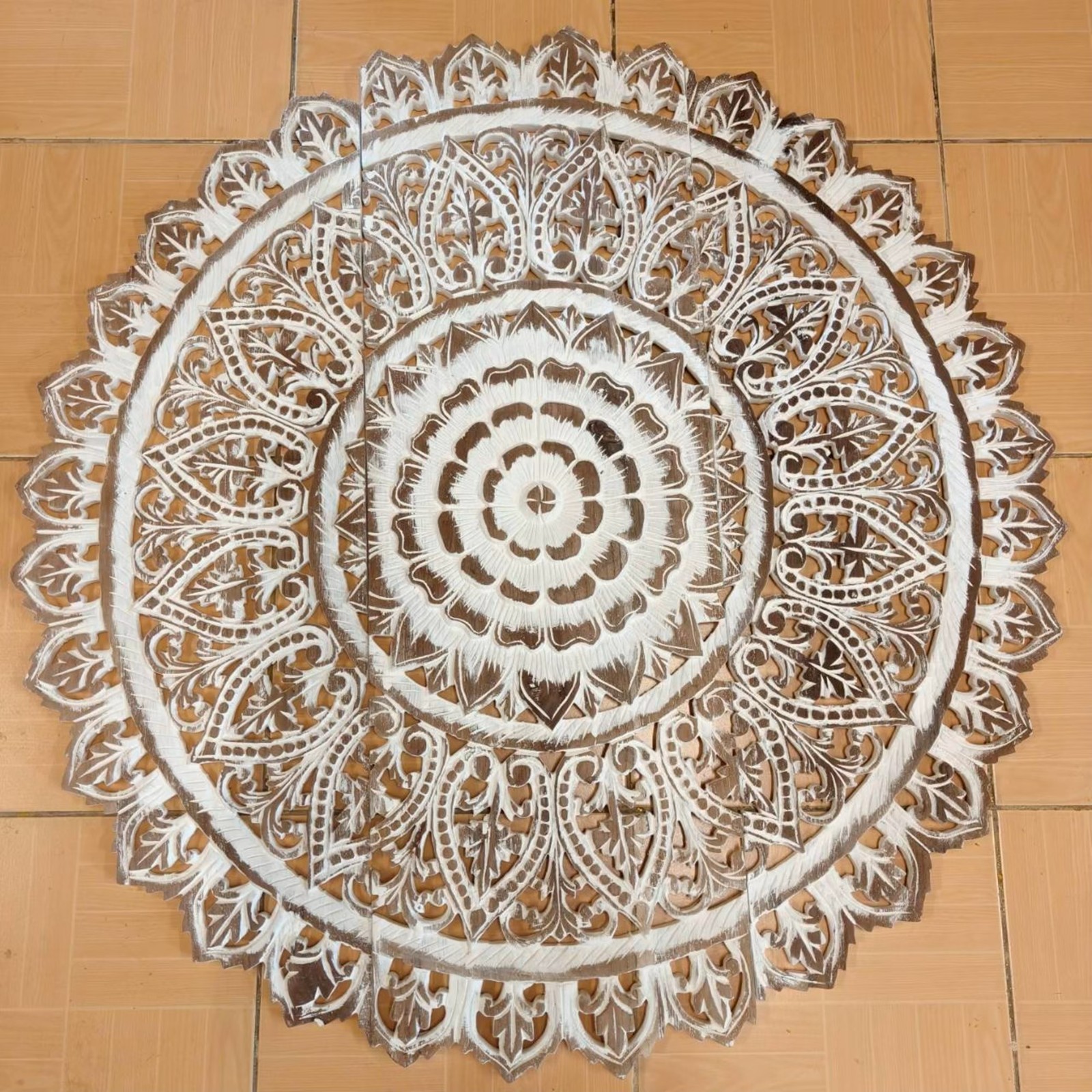 36″ Large Round White Wash Wood Mandala Wall Art Shabby Chic Decor #E