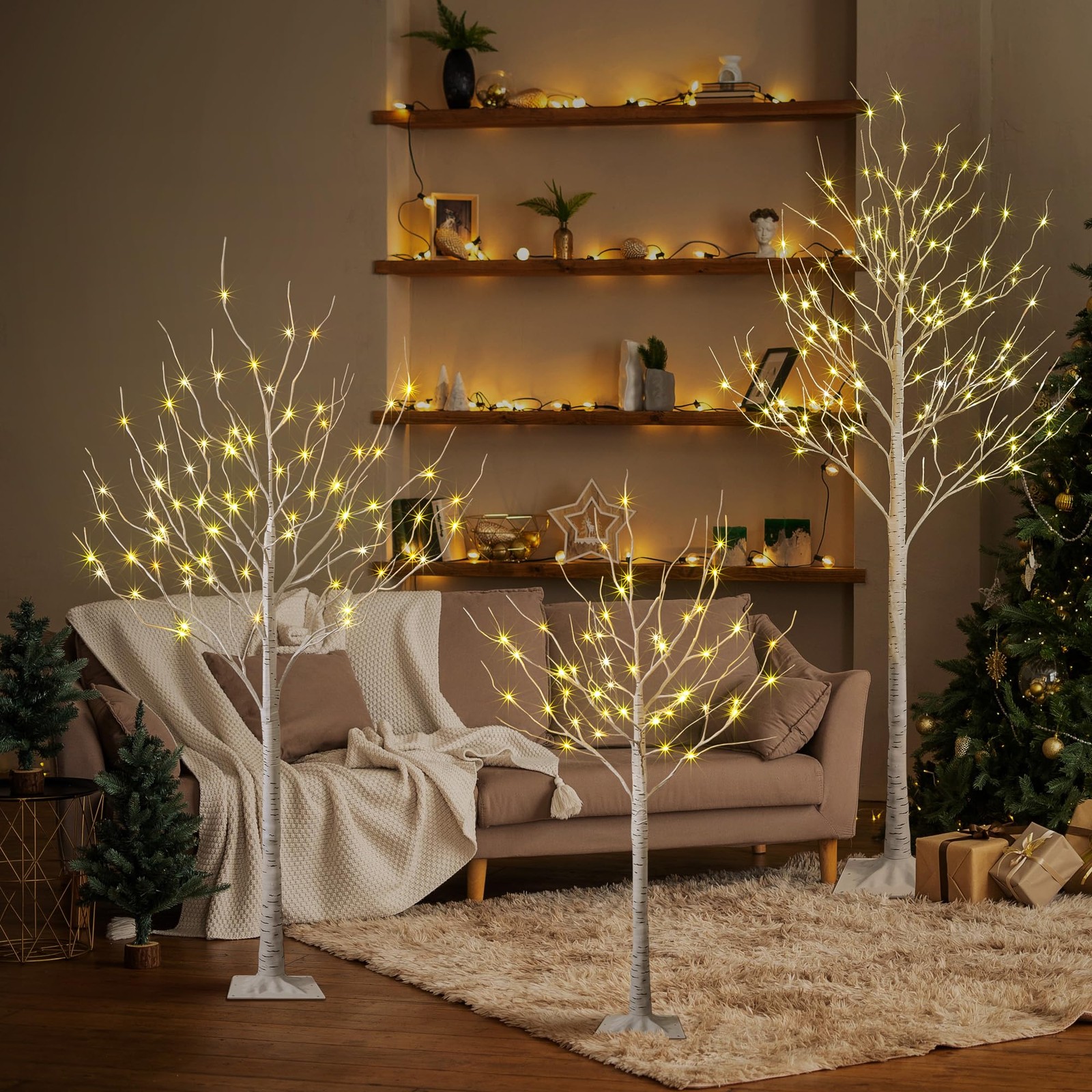 LED Birch Tree Light Set – 4ft, 6ft, 8ft Trees with Warm White Lights – Indoor O