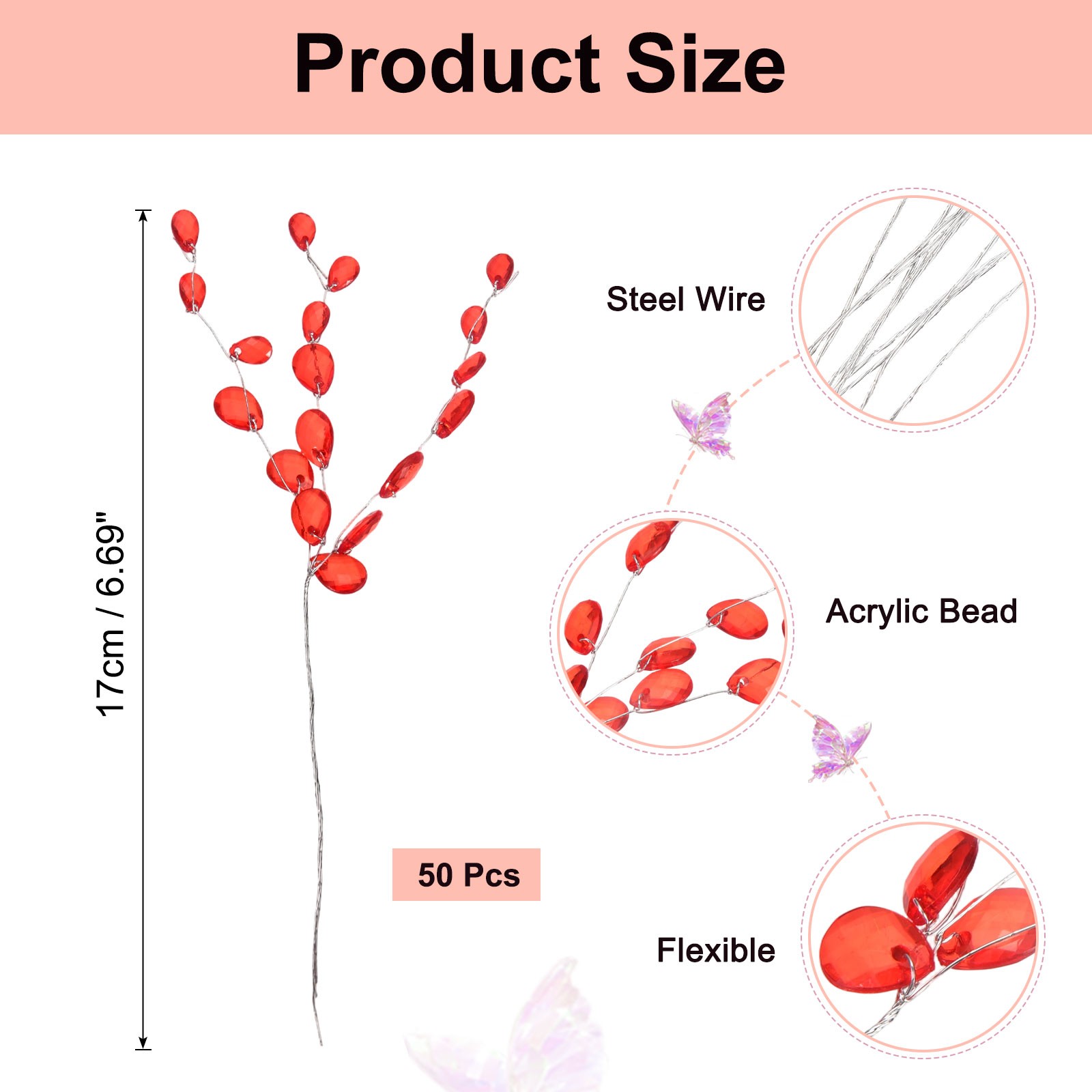 50 Pcs Acrylic Crystal Flower, Floral Picks Acrylic Bead Drops, Red