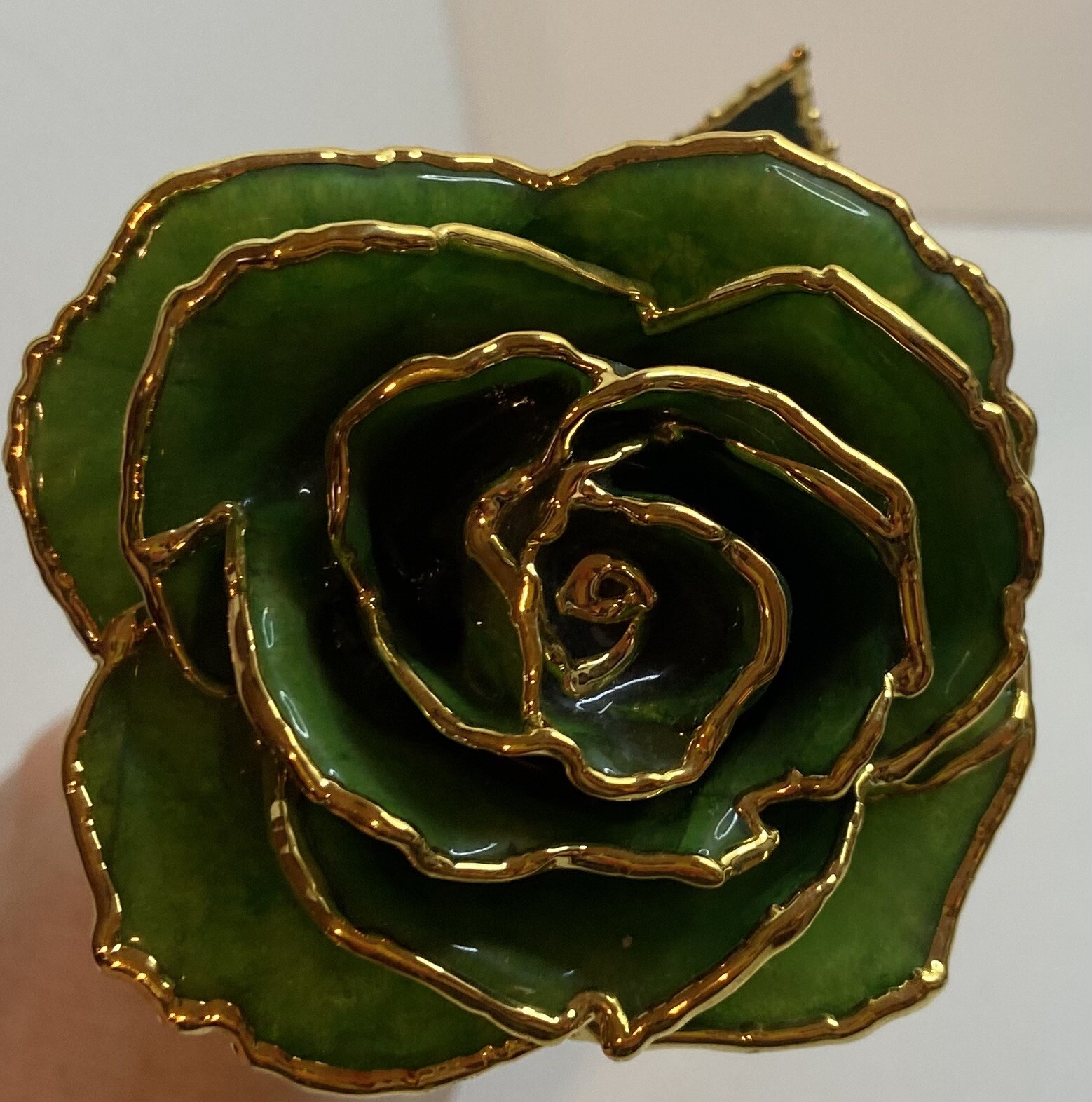 11″ EMERALD GREEN, GOLD DIPPED ROSE, ENAMELED AND DIPPED. LONG STEM ROSE. VGC