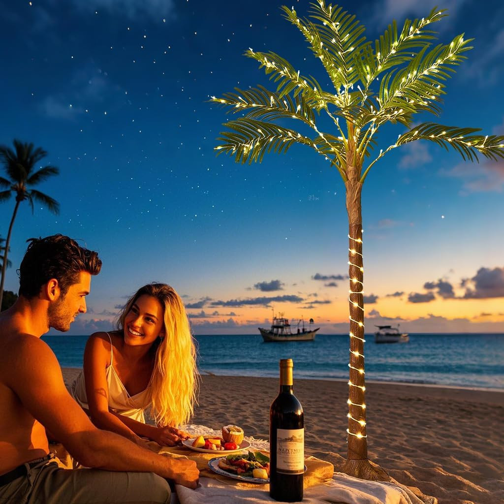 6FT Lighted Palm Trees with 220 LED Fairy Lights for Outdoor Decor