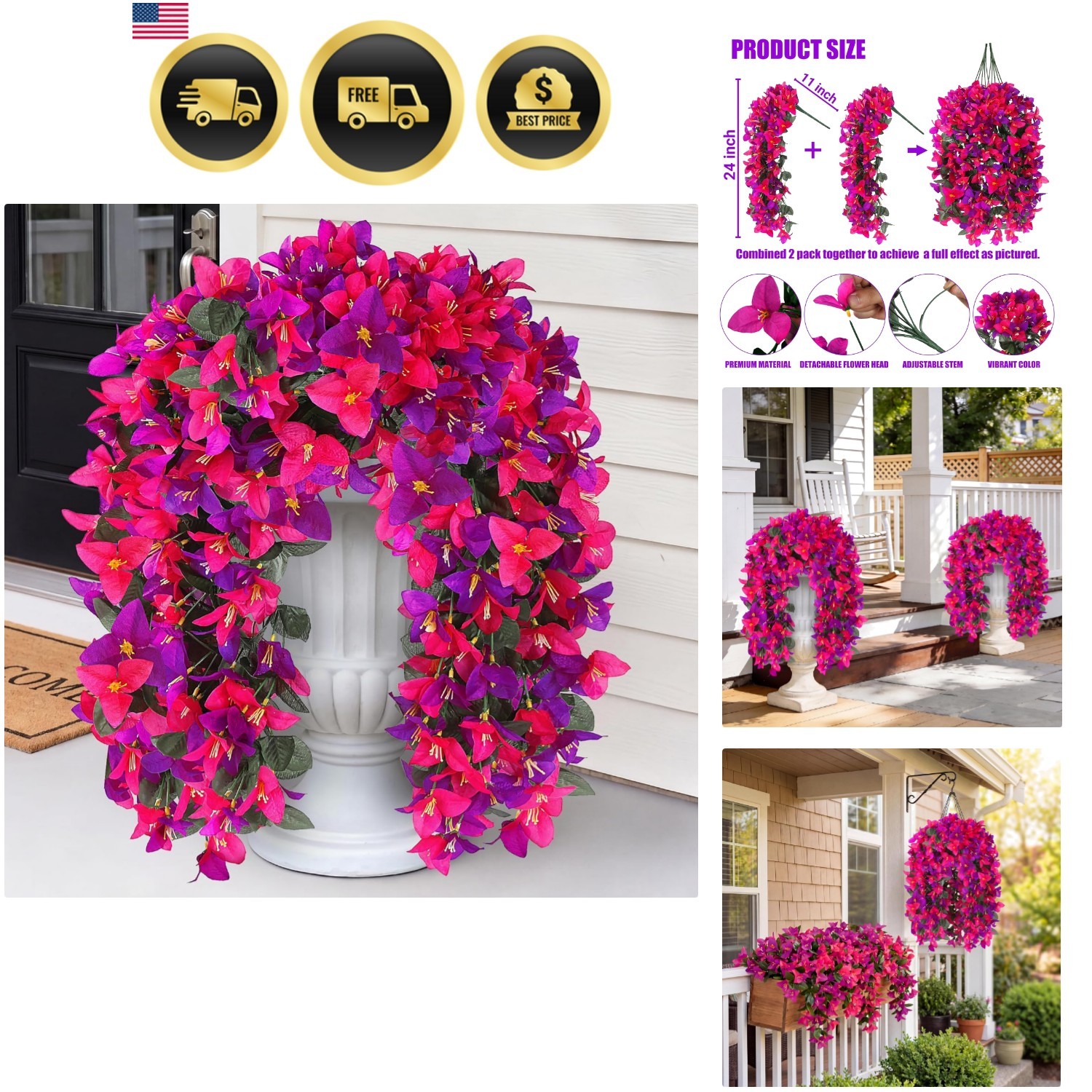 Artificial Bougainvillea Flowers Fake Hanging Flowers Plants for Outdoor Outs…