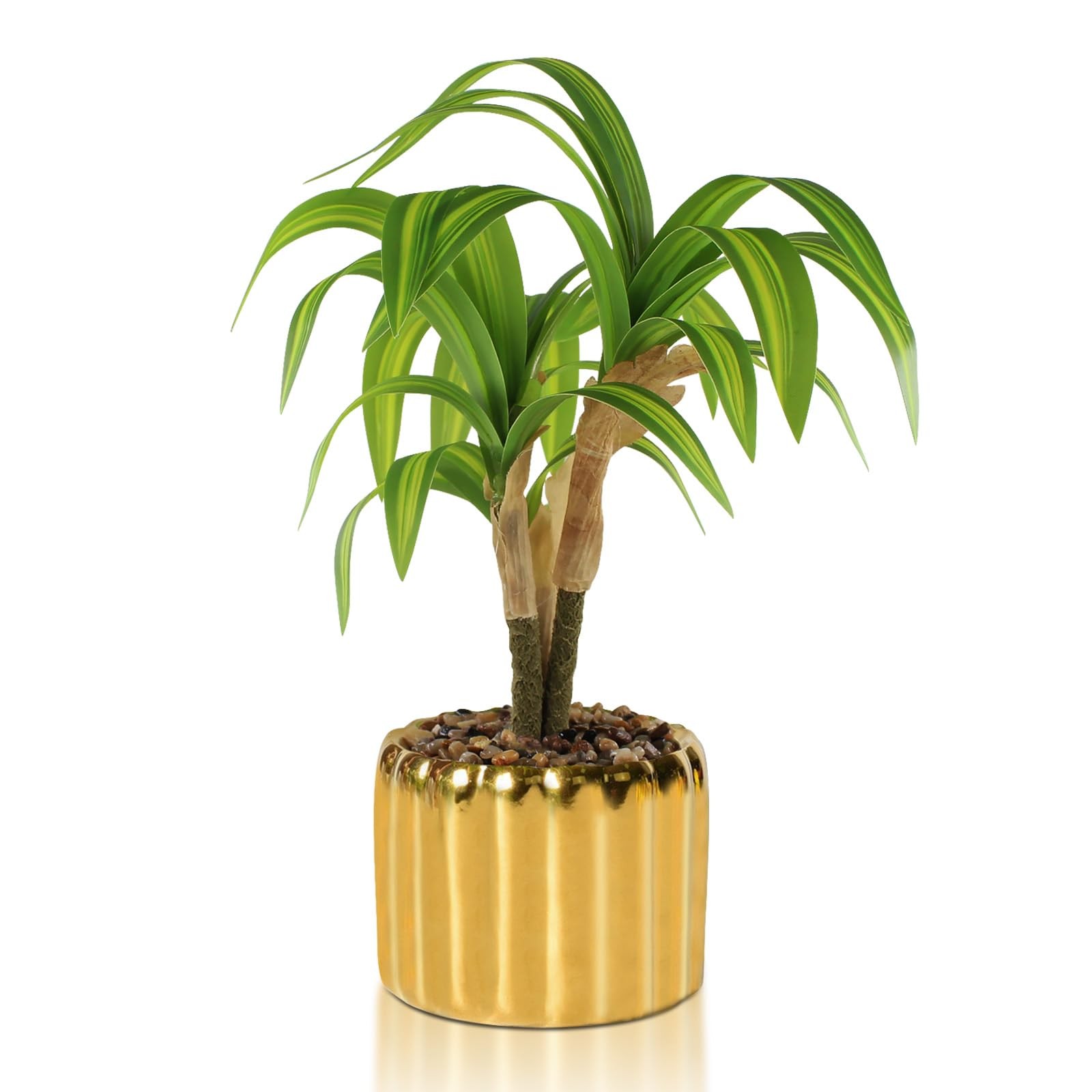 10. 6″ Artificial Dracaena Plant with Textured Leaves Golden Ceramic Pot Real…