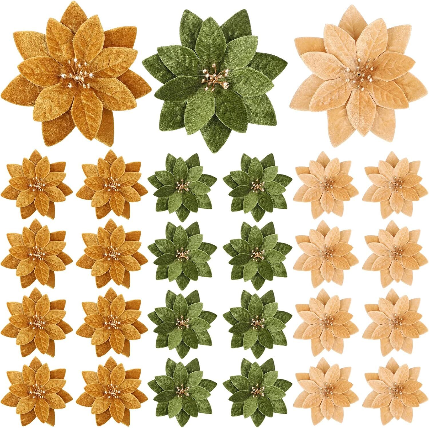 24 Pcs Christmas Velvet Poinsettia Flowers Artificial 6” Xmas Velvet Flowers…