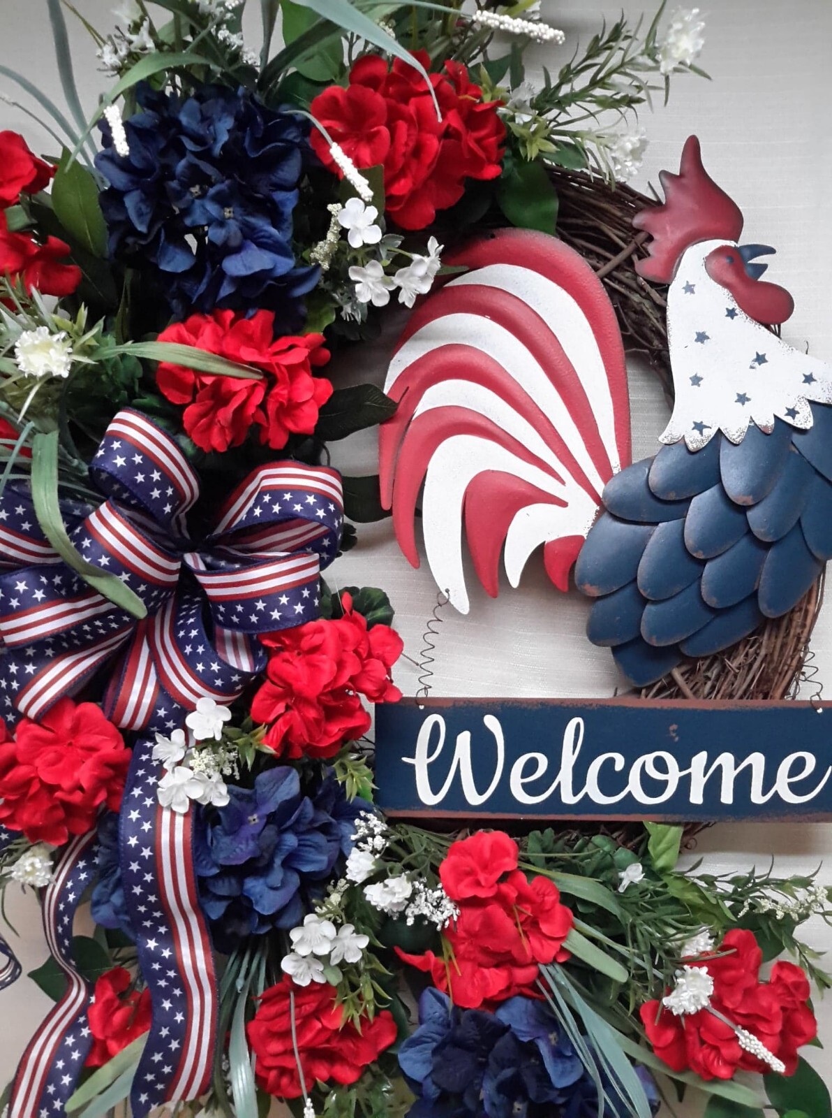 Patriotic Door Wreath Rooster Flower Door Decor USA Memorial Day Fourth of July
