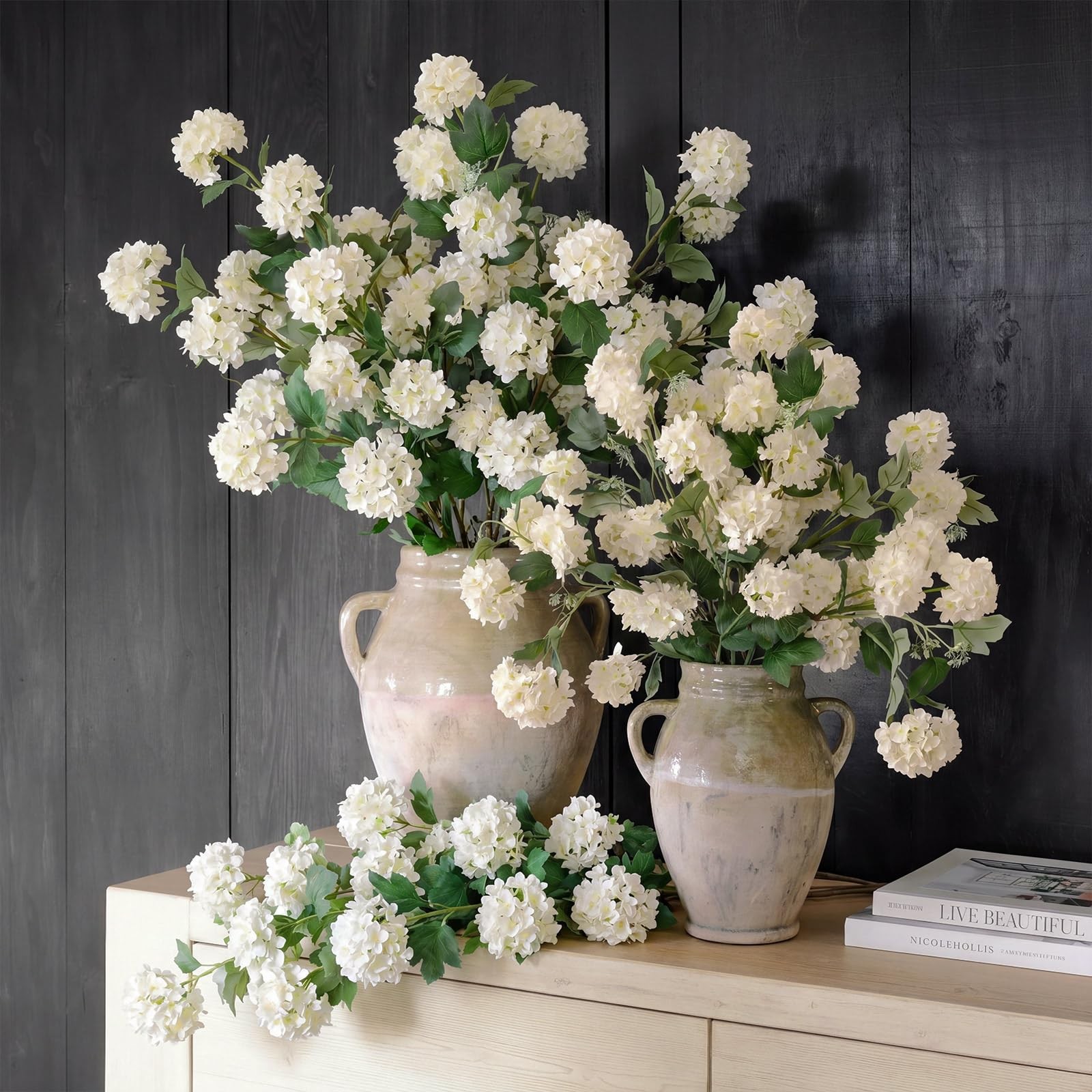 4 Pcs Artificial Snowball Hydrangea Branches 30 Inch Faux Snowball Viburnum S…