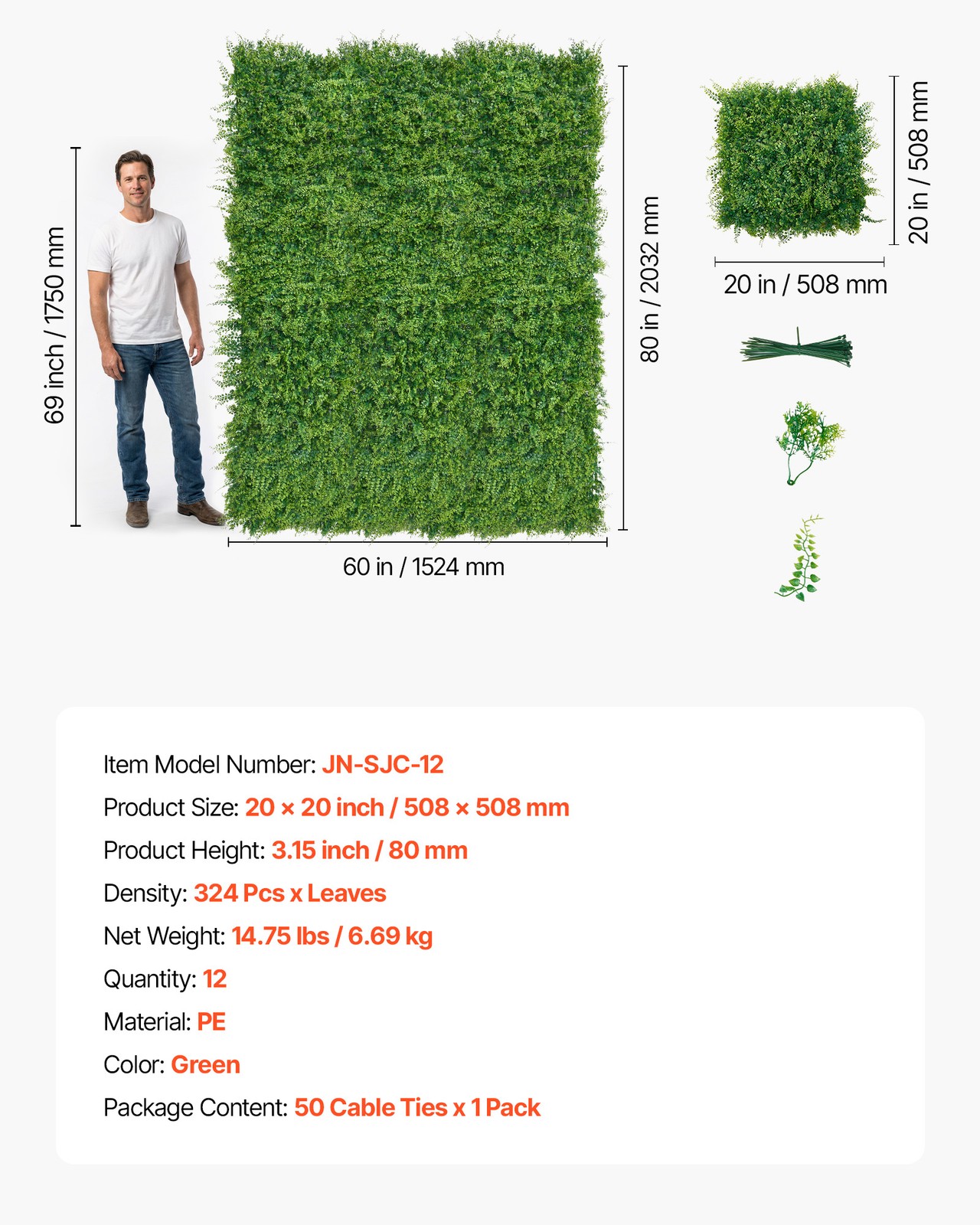 VEVOR Artificial Plant Wall 12PCS 20 x 20 in Fake Boxwood Panels Greenery Patio