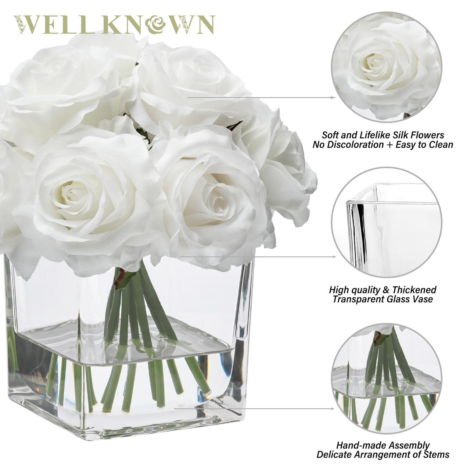 Ivory White Silk Rose Artificial Flowers In Vase Table Centerpiece Decor