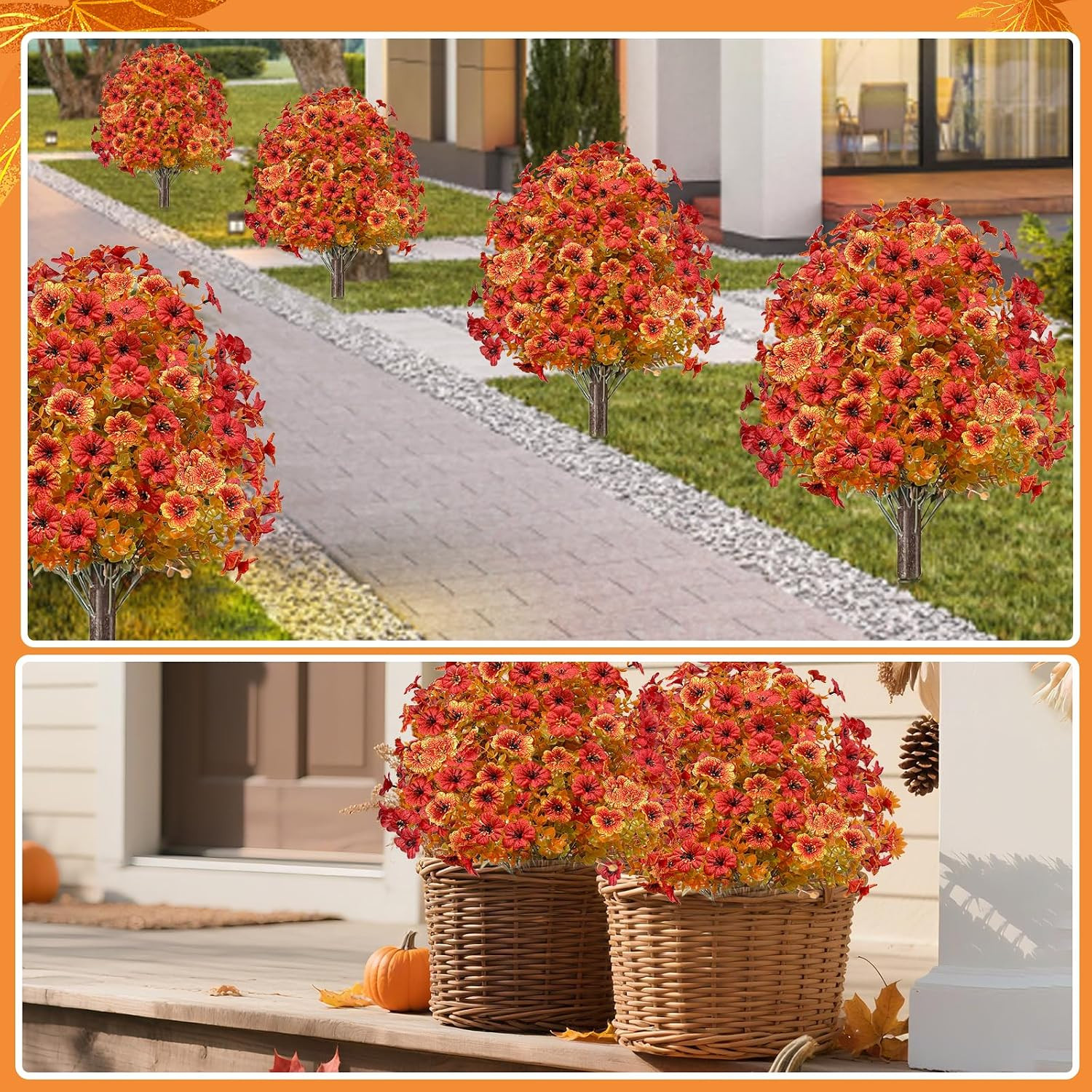 2 Pack 25″ Fall Artificial Mums Topiary Ball Trees for Outdoor Decor