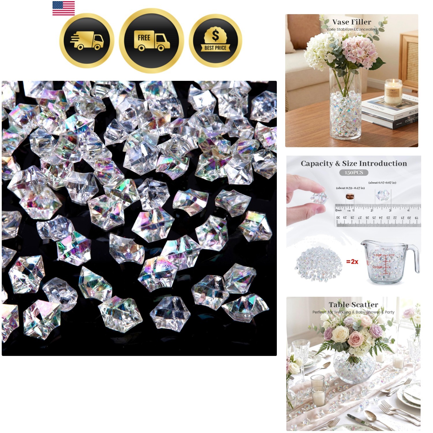 Iridecent Fake Ice, 150PCS Sparkling Vase Fillers Fake Diamonds Clear Gem Sto…