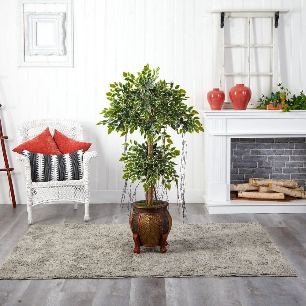 Nearly Natural Artificial Tree 59″H Variegated Ficus Indoor Decorative Vase
