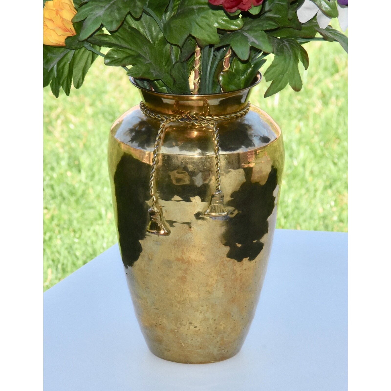 Hollywood Regency Aged Gold Trompe l’Oeil Rope & Tassel Silk Floral Brass Vase