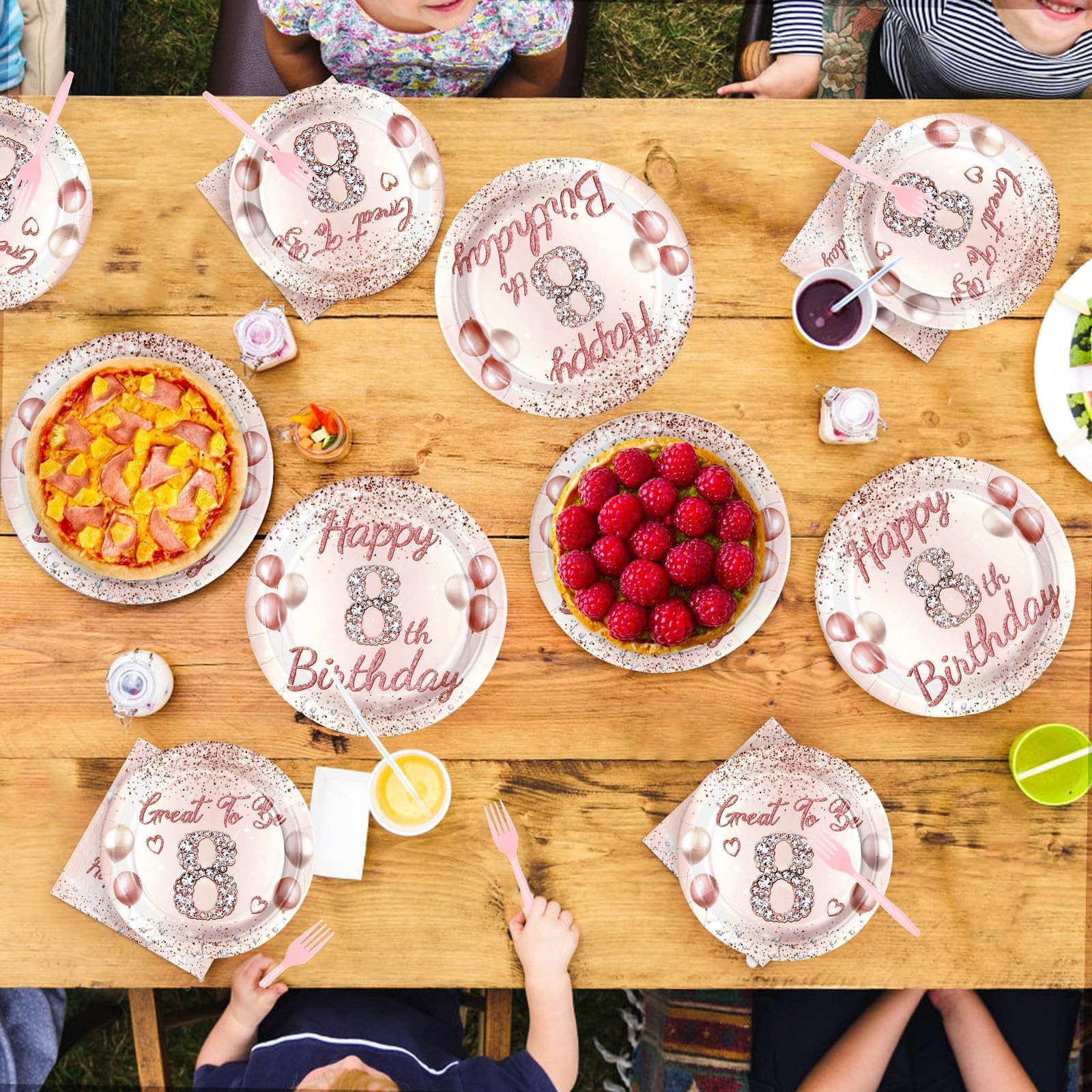 96 PCS 8th Birthday Party Supplies Girls Rose Gold Tableware Set Serves 24