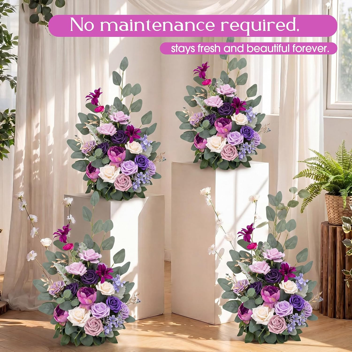 Purple 4 Pcs Free-Standing Wedding Aisle Floral Arrangements & Chair Decor