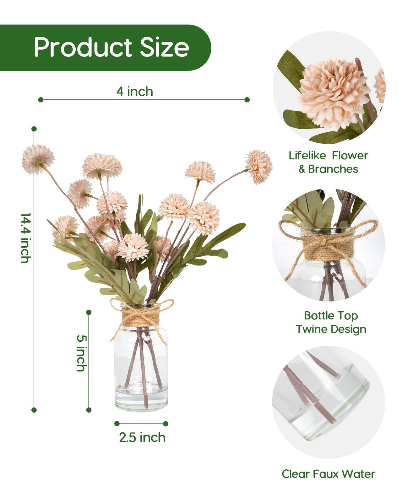 Beige Faux Silk Mums Fake Flowers in Vase With Faux Water, Fake Plants Artifi…