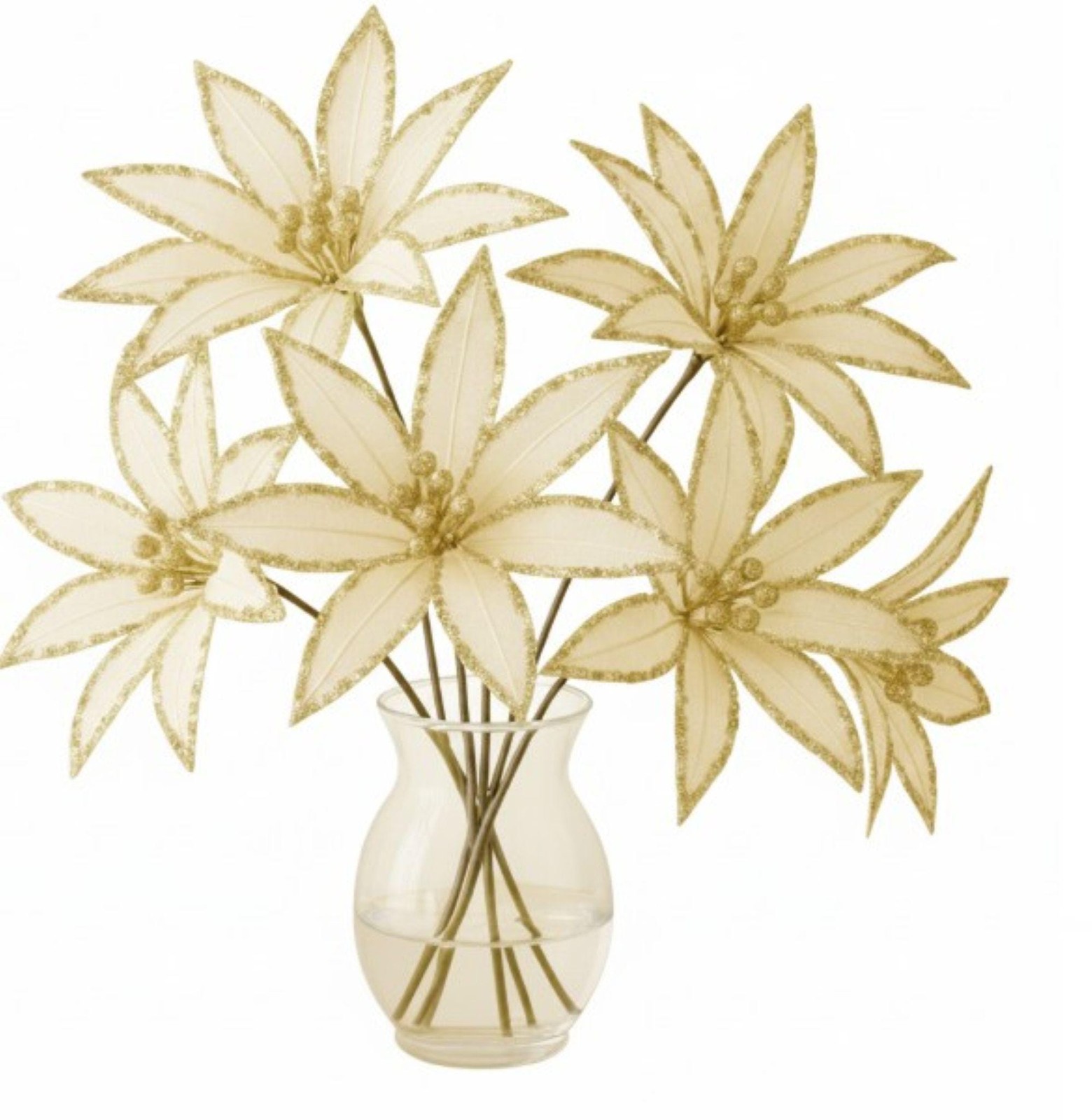 Glitz Sheer Wired Poinsettia Stem – Ivory/Gold Christmas Holiday Flower Pick