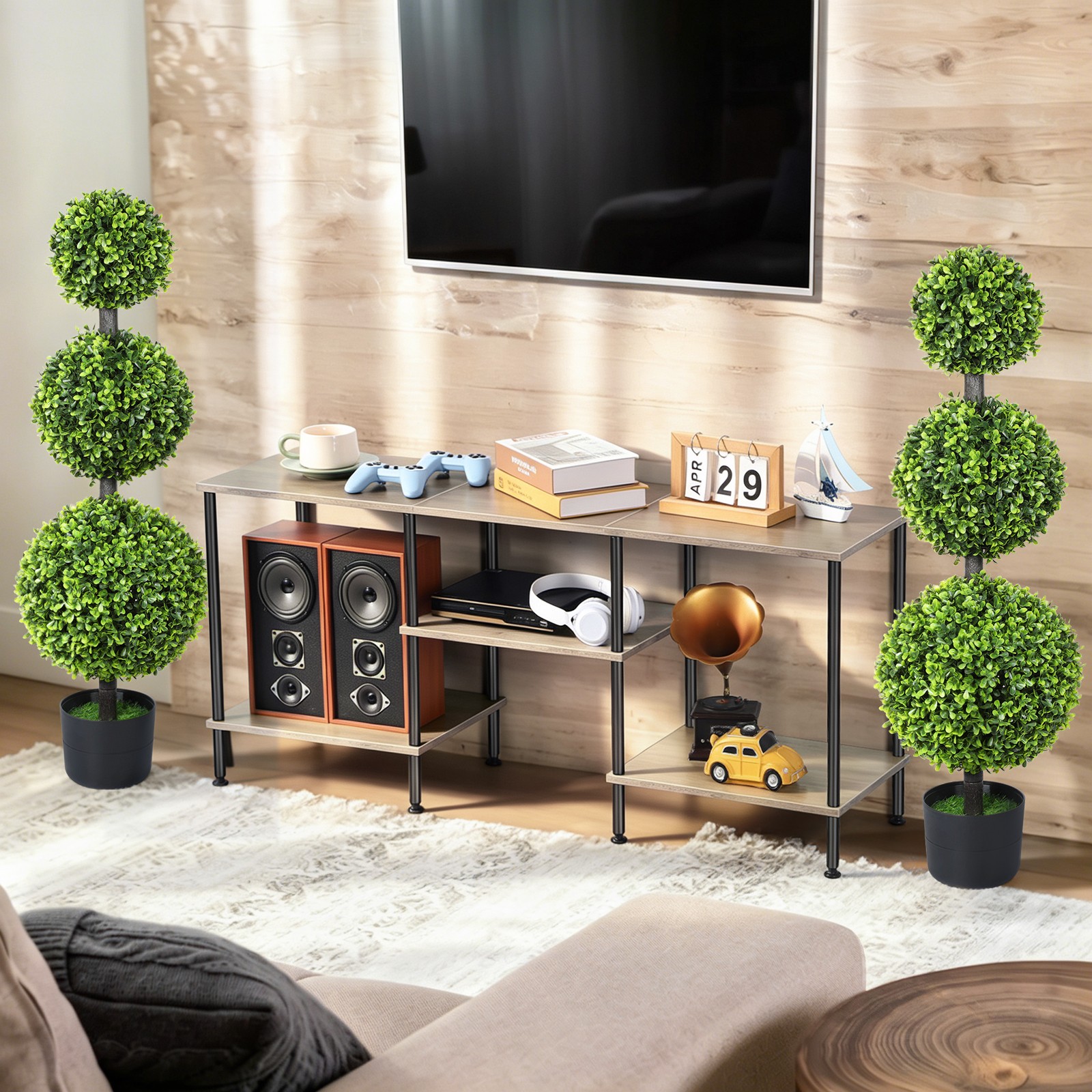 2PCS 3FT Artificial Triple Ball Boxwood Topiary Tree Realistic Faux Greenery