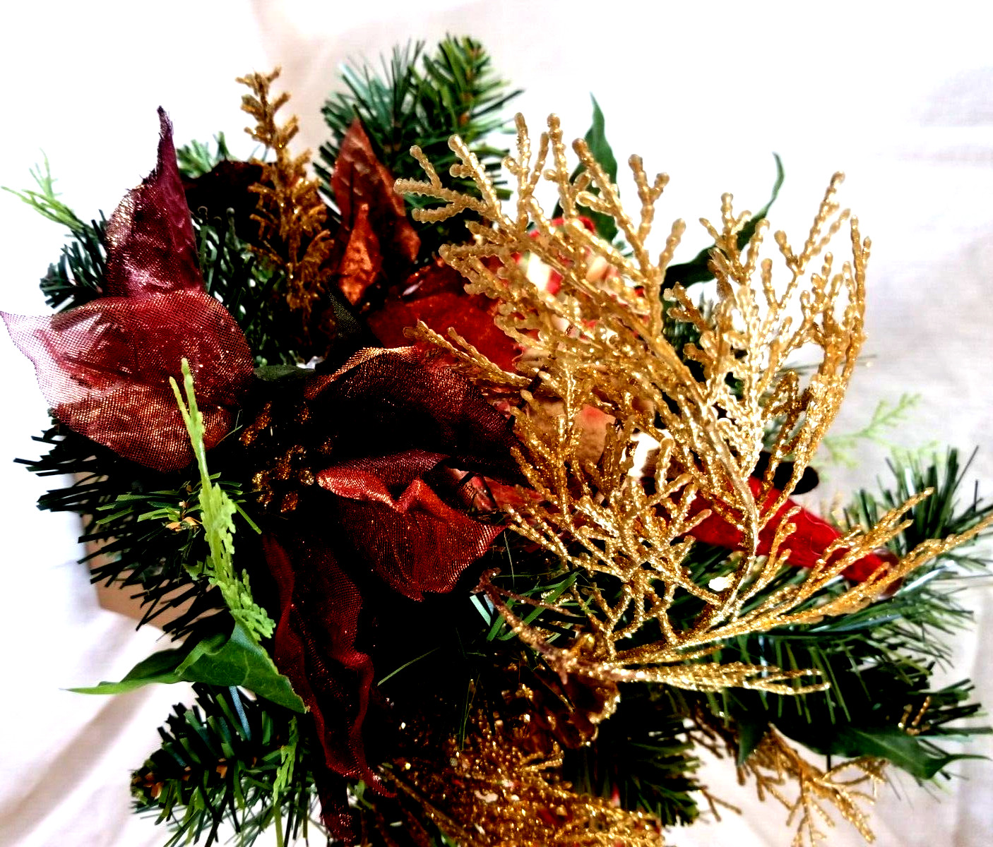 Xmas Floral Arrangement w Cloth Reindeer Accent 14″ x 13″ Table Desk Centerpiece