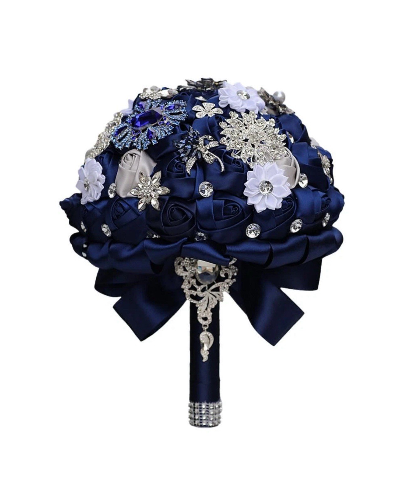 Quinceañera Bouquet with Luxury Bling Rhinestone Brooch Satin Rose Royal Blue